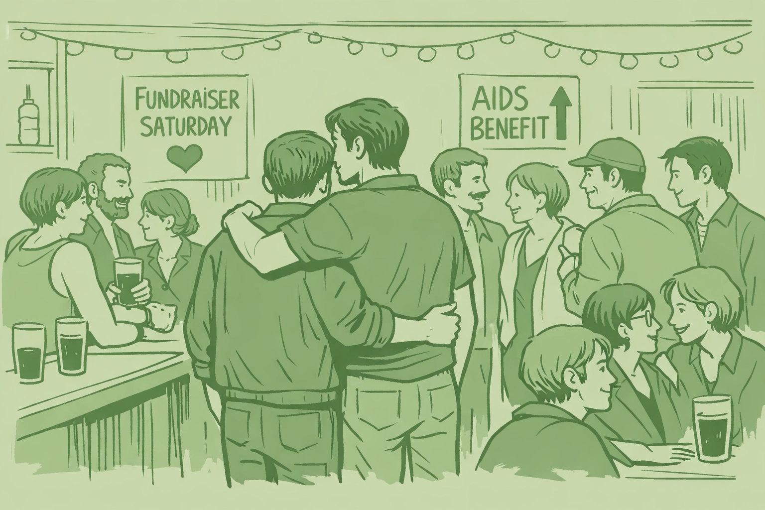 1980s London gay pub community gathering during AIDS crisis with activism posters