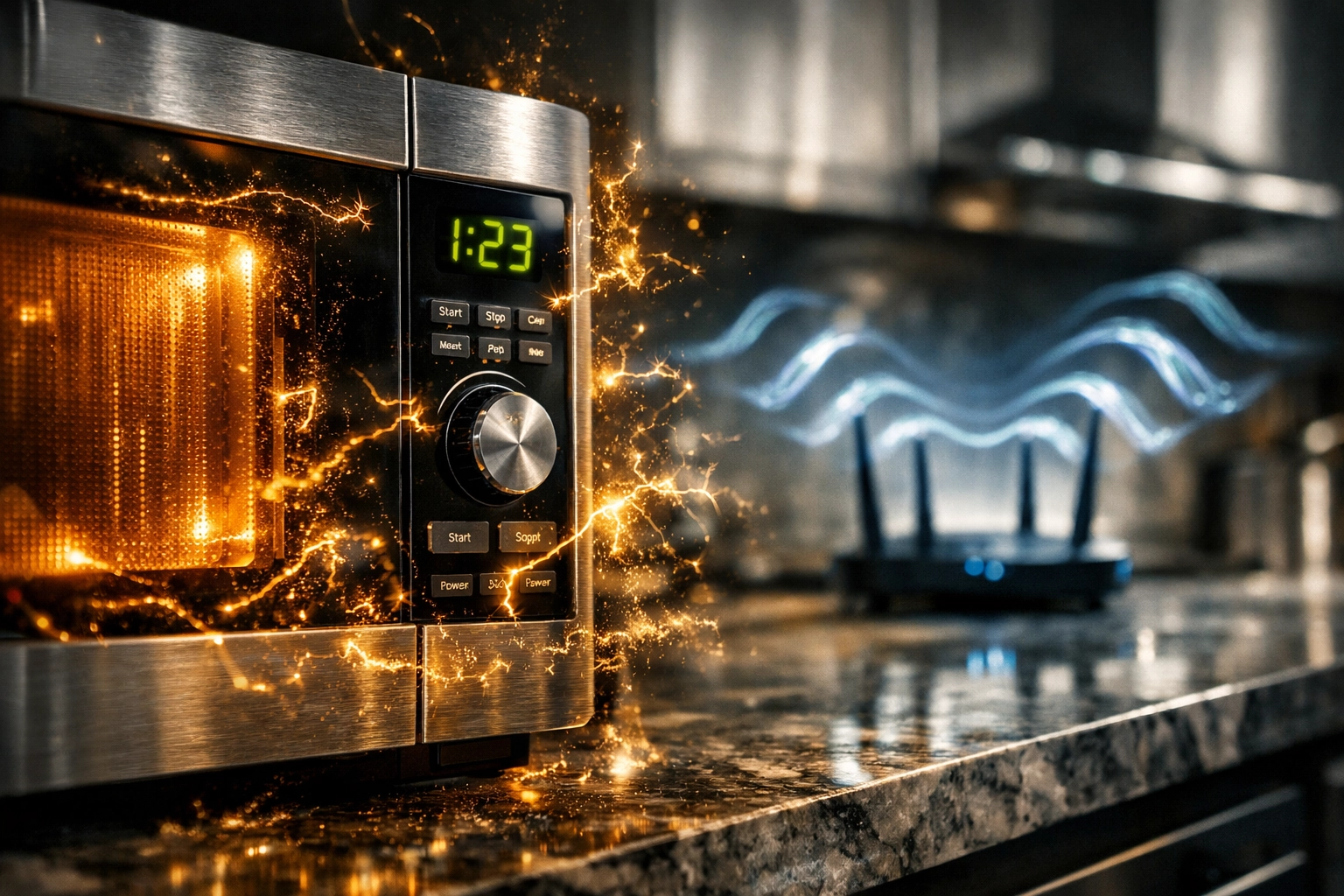 A modern kitchen microwave creating signal interference with a Wi-Fi router in the background.