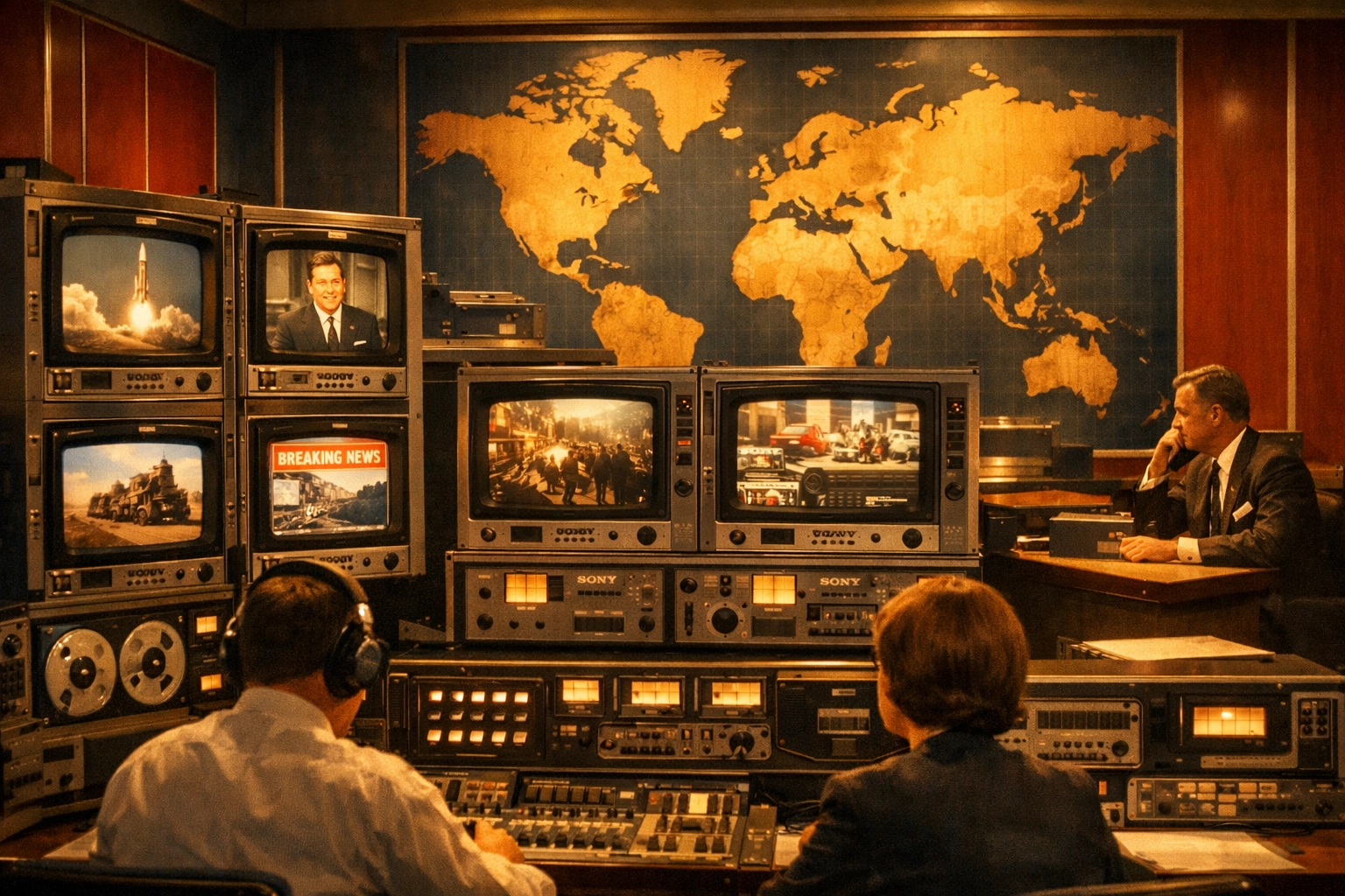 Vintage newsroom control room with global news feeds and trustworthy biblical perspective
