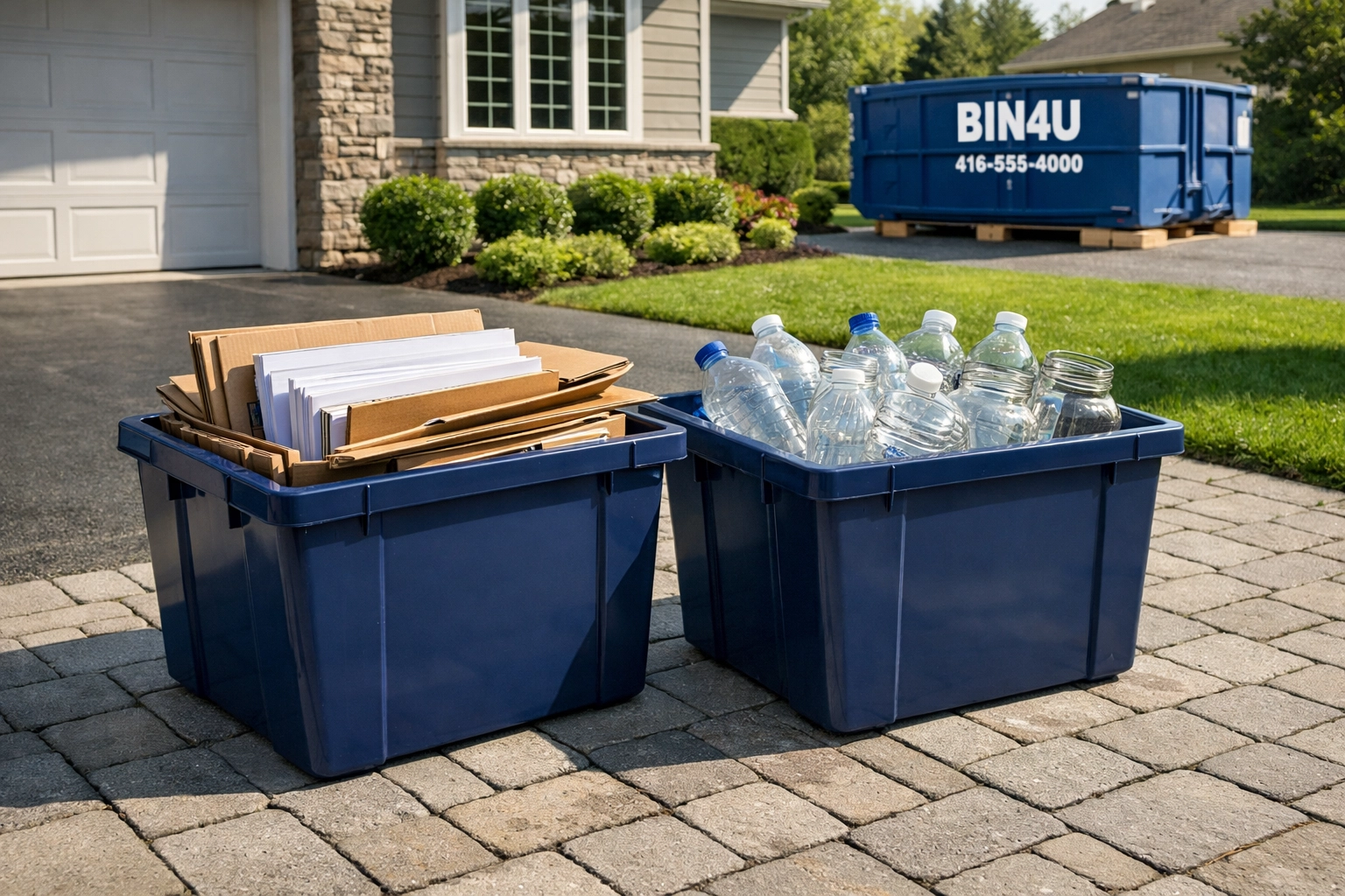 Sorted recycling bins and waste disposal bins North York on a residential driveway for 2026 blue box rules.