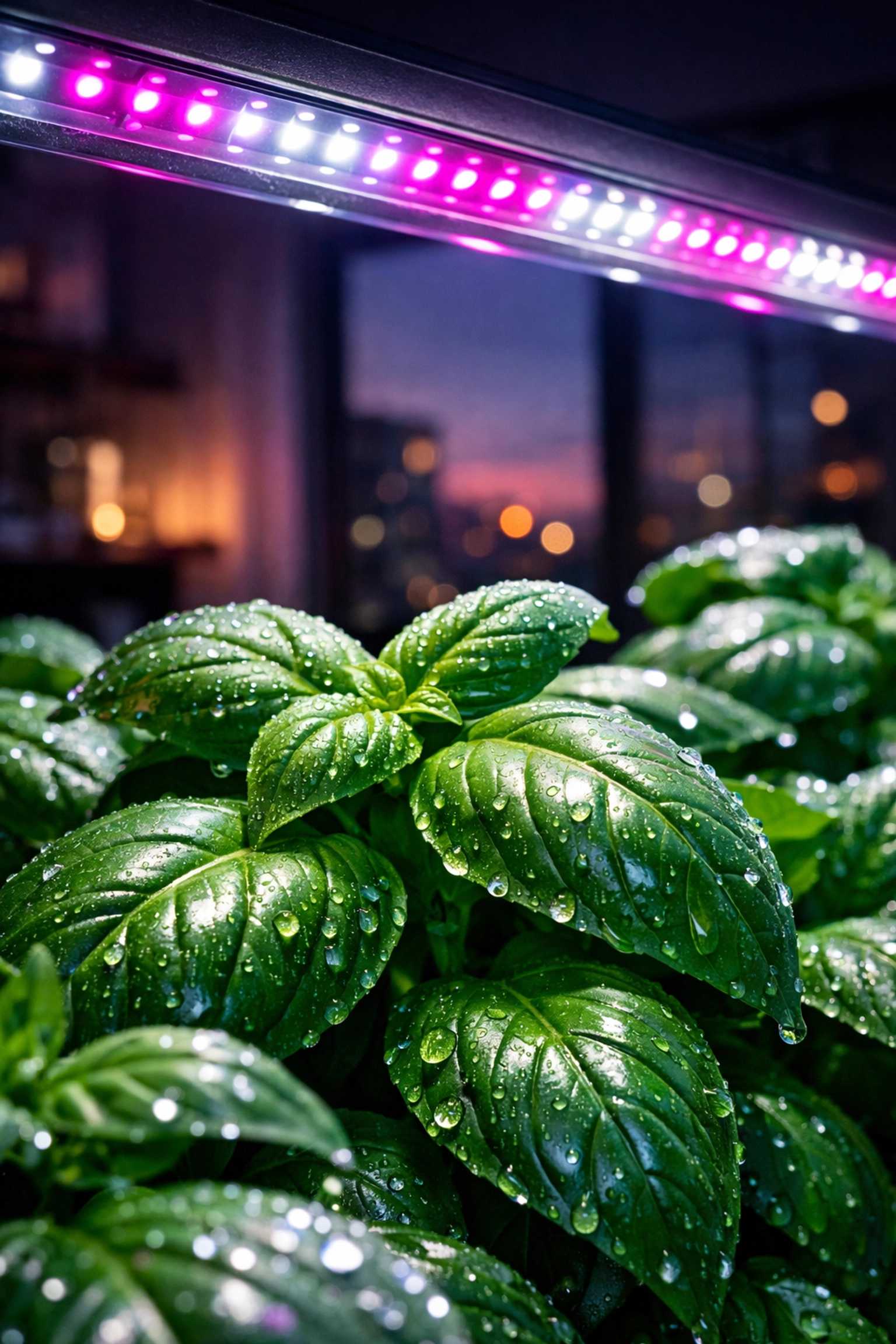 Fresh green basil leaves growing under an energy-efficient LED grow light in an urban apartment.