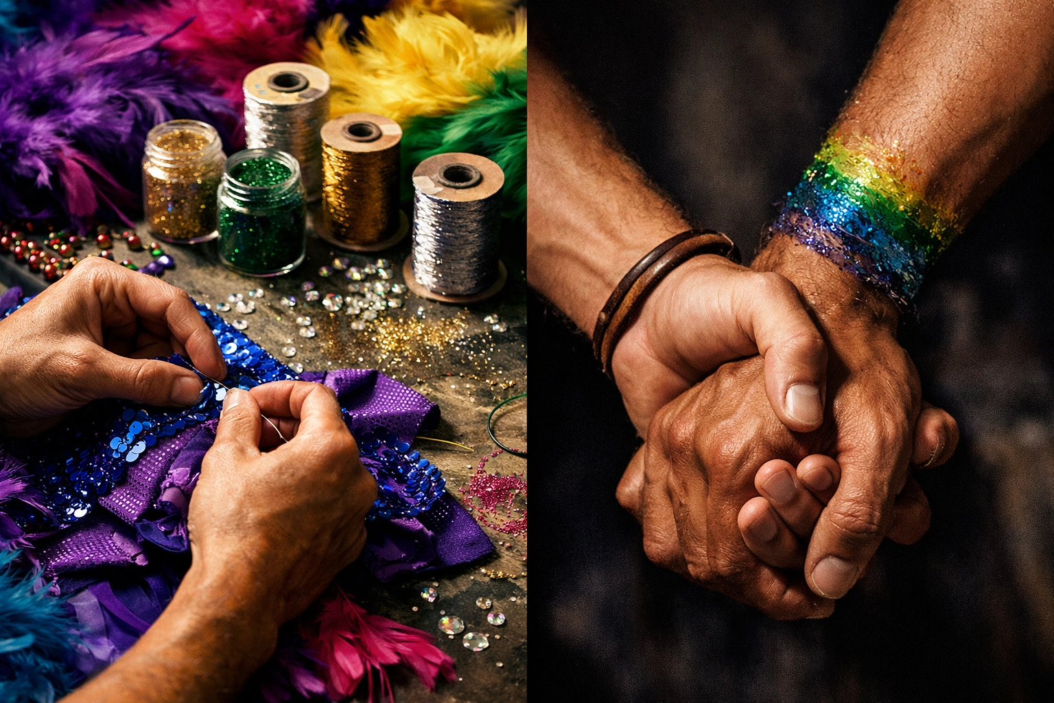 Carnival costume artistry and two men holding hands representing authentic MM romance connection