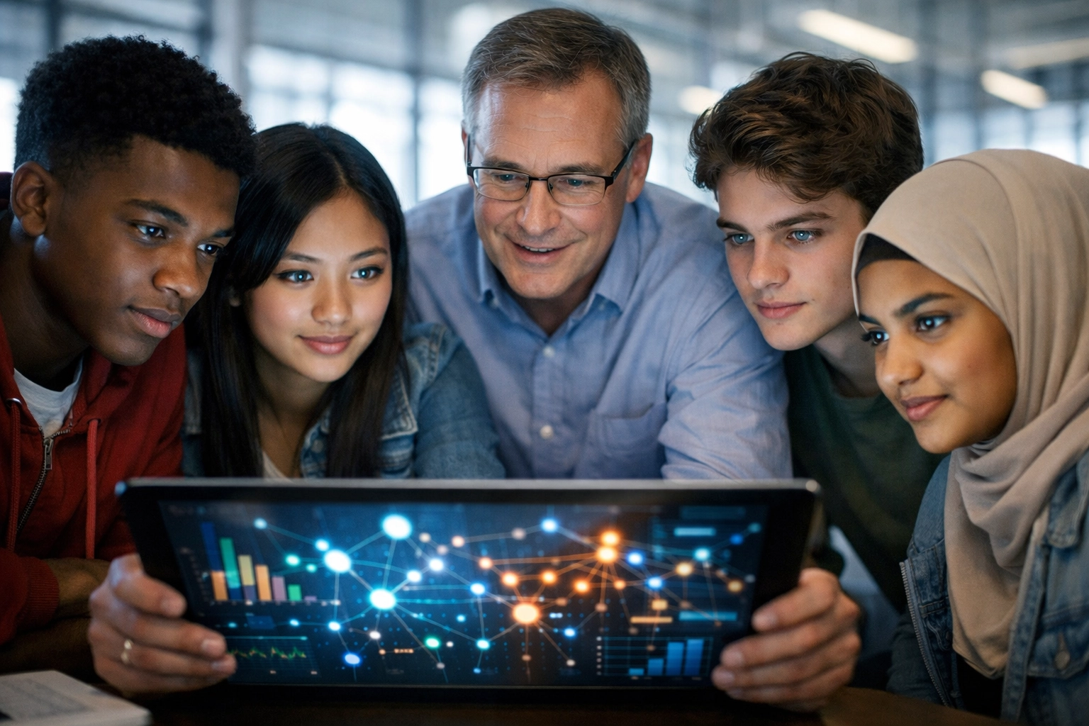 High school students and a mentor using data analytics dashboards to track future-ready skills.