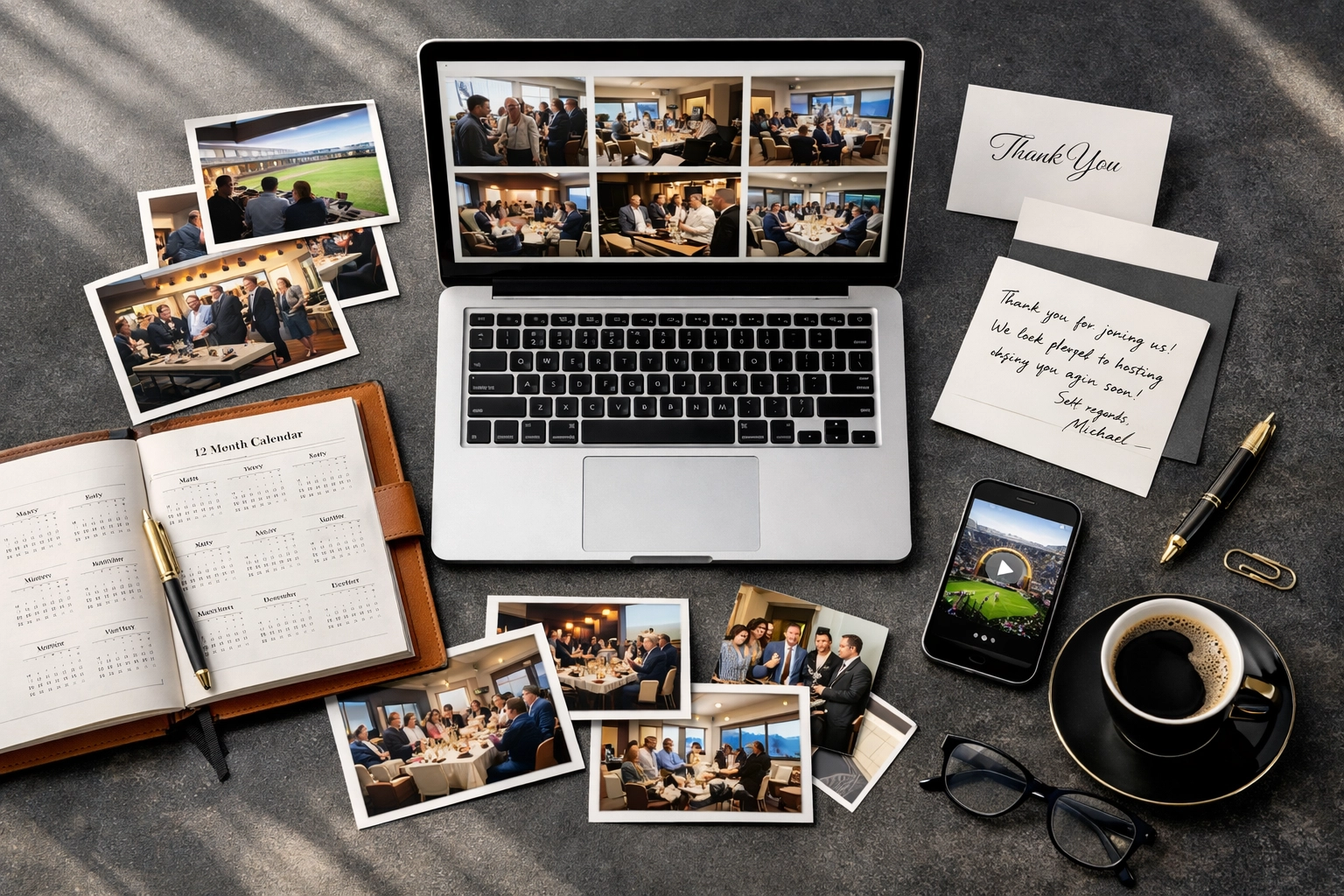 Executive desk with Super Bowl client photos and 12-month follow-up calendar for relationship building