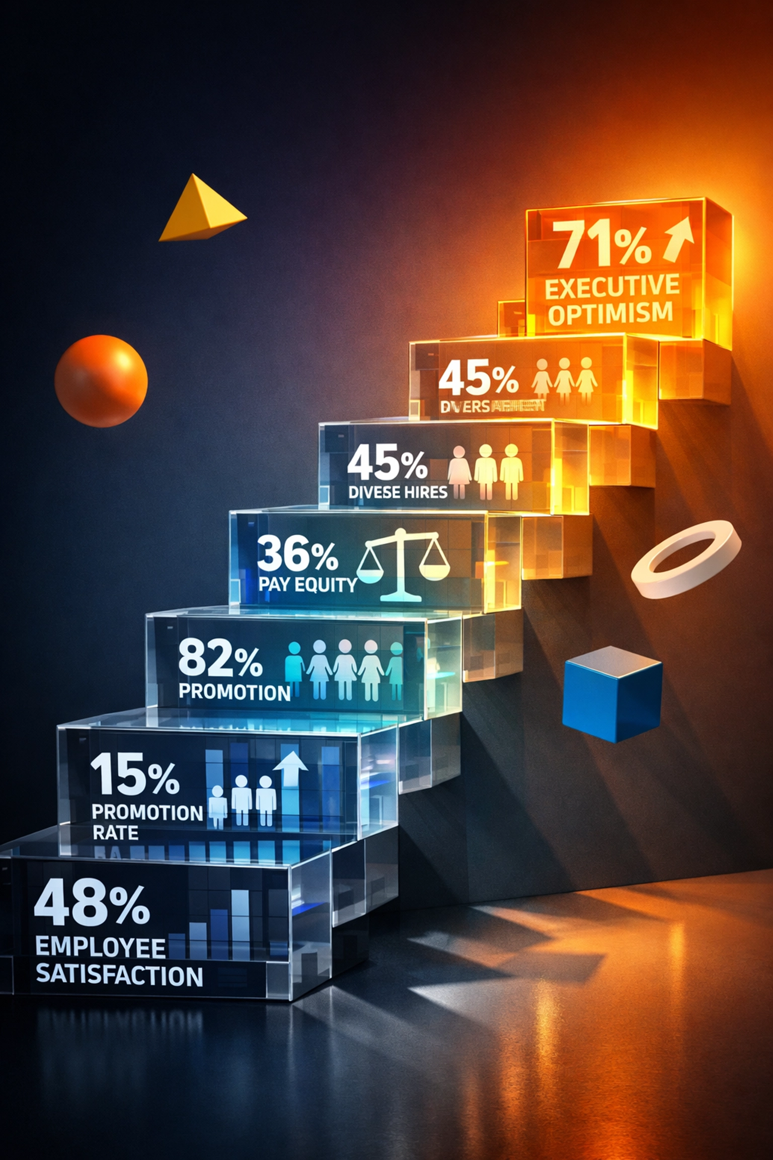 Ascending staircase showing DEI perception gap from employee skepticism to executive optimism