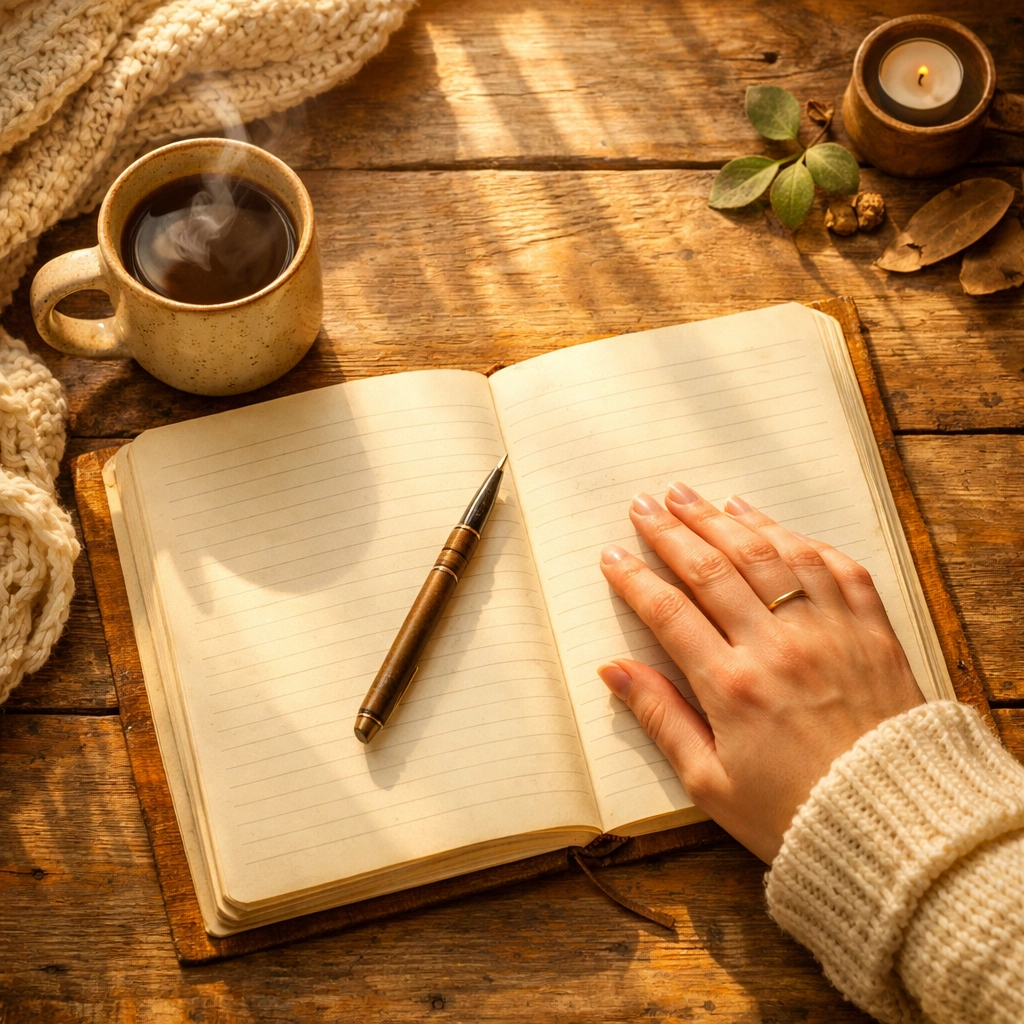 Hand writing in journal representing personal faith story and reflection