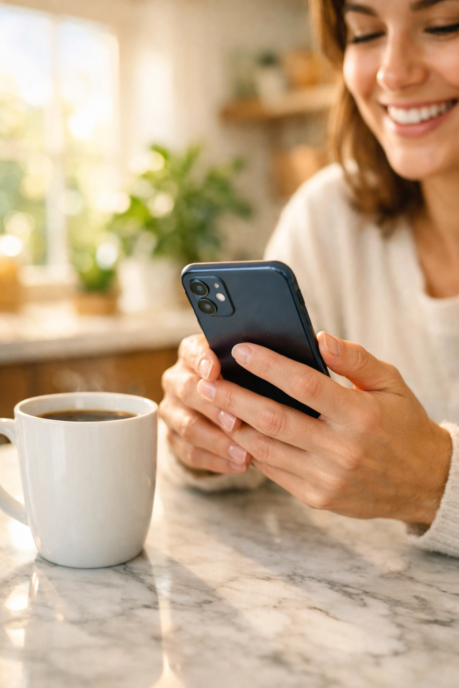 Applying for online payday loans in Canada on a smartphone in a bright, modern kitchen.