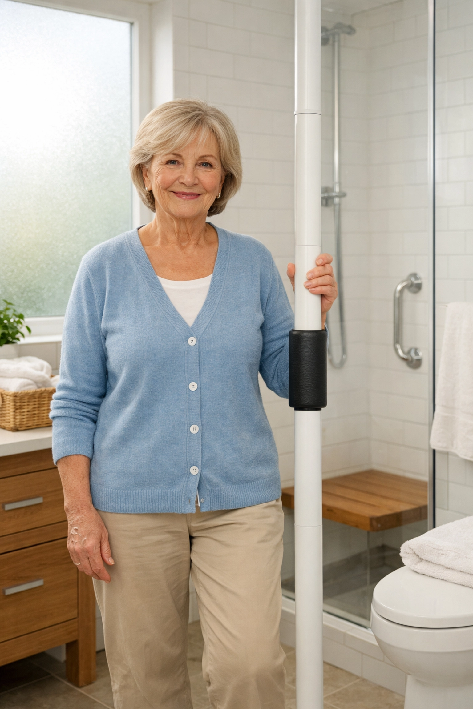 Senior woman using transfer pole in bathroom for safe mobility and independence