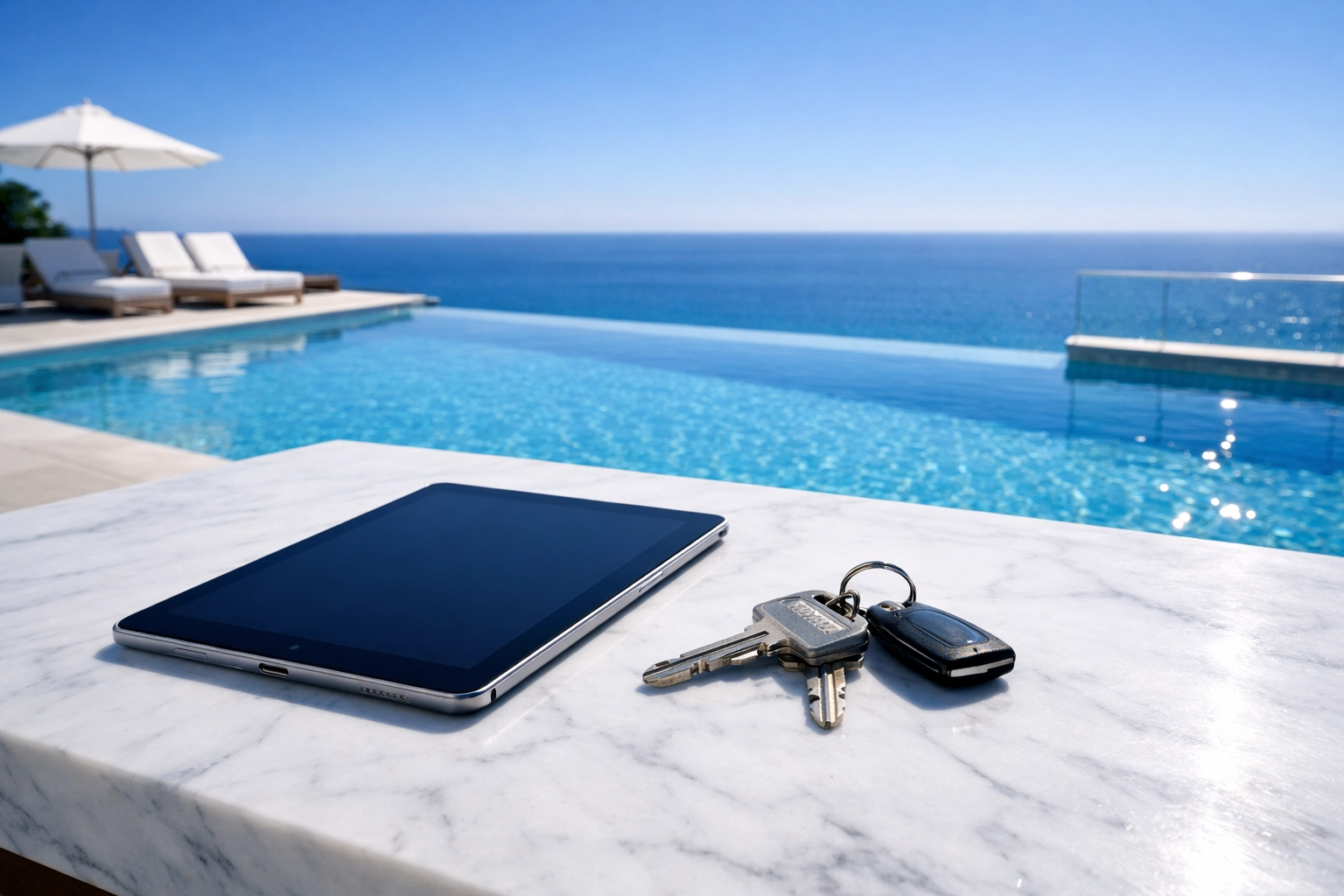 Table and management tools overlooking an infinity pool symbolizing strategic pool route valuation growth.