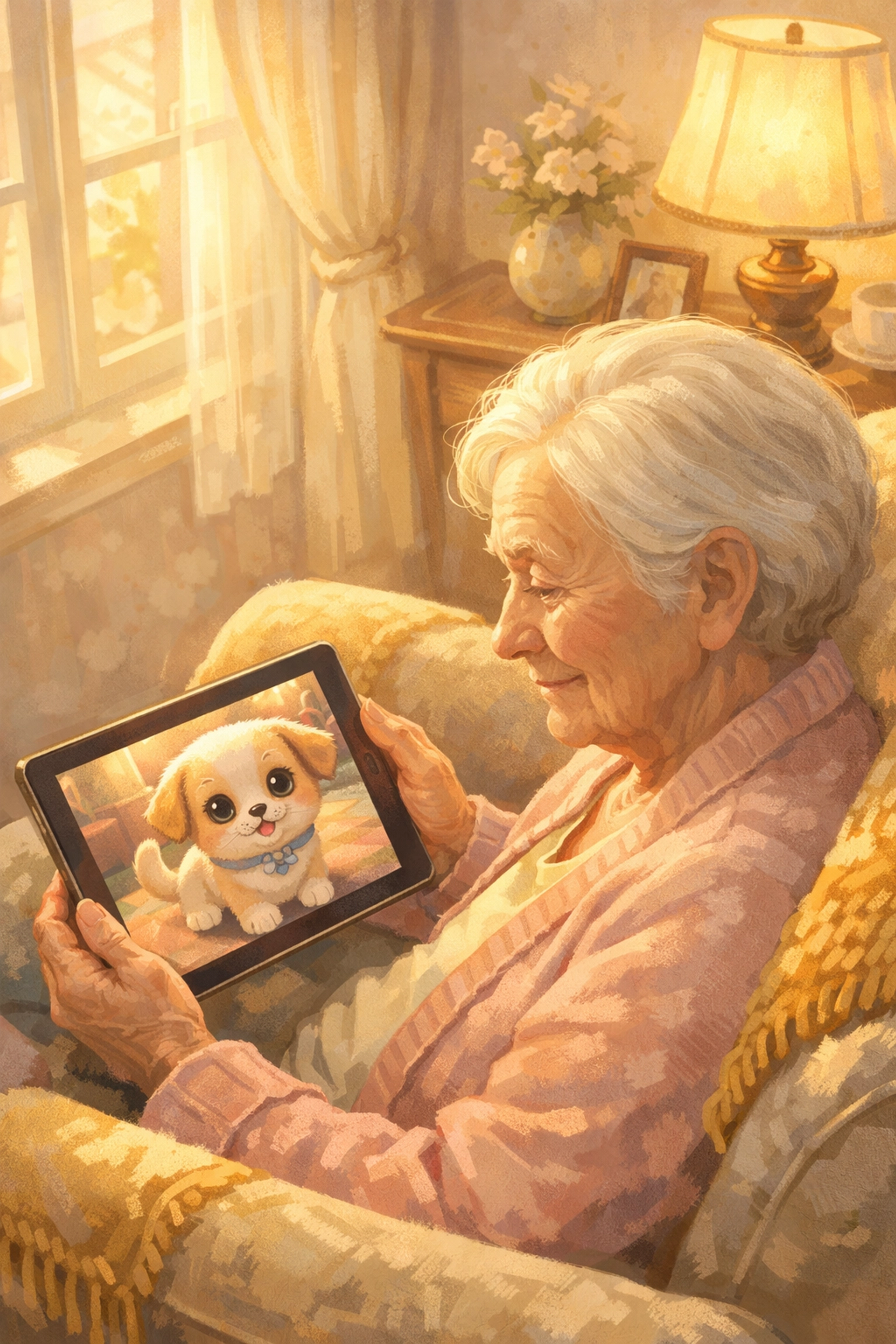Elderly person using tablet with AI pet app for companionship
