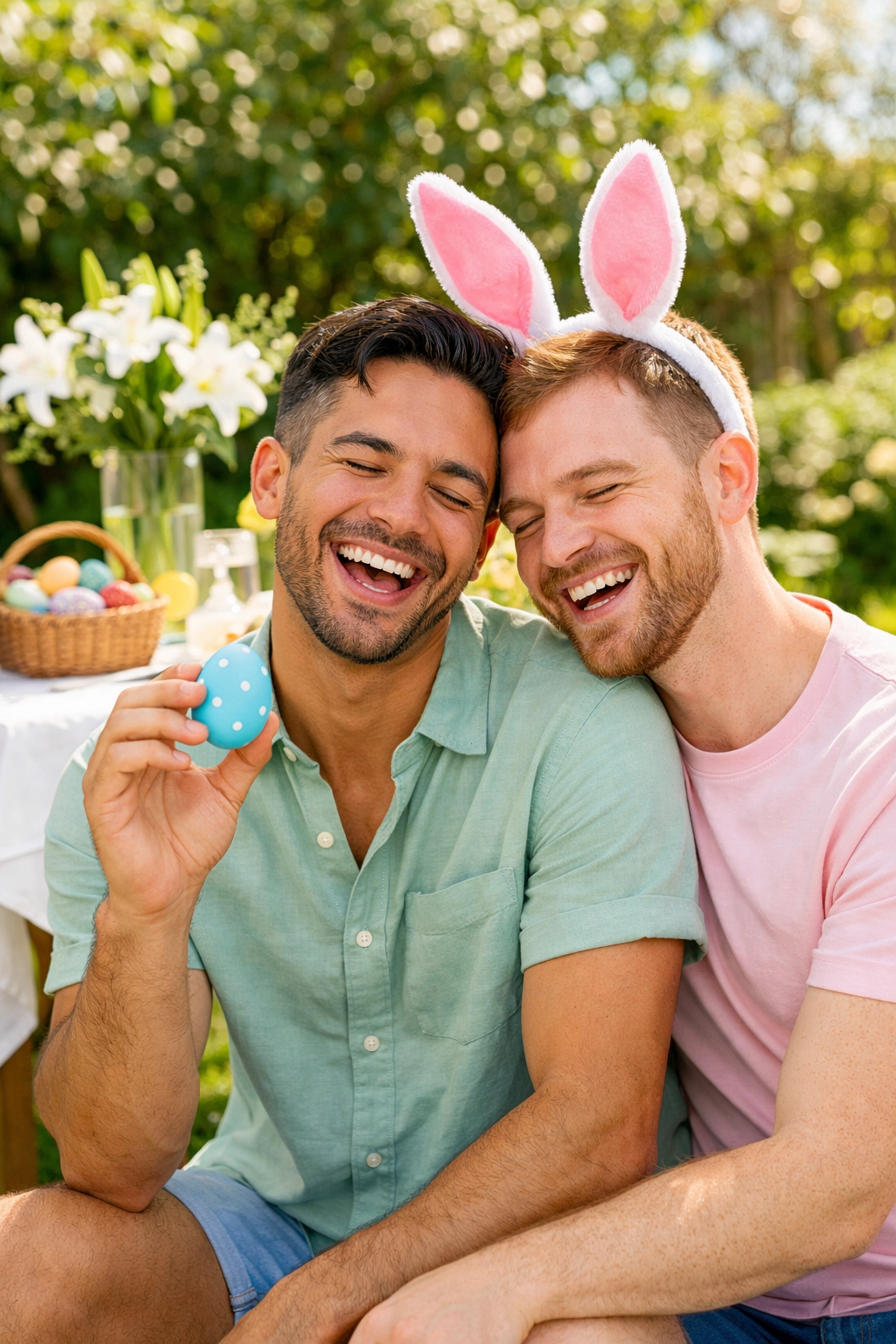 A diverse gay couple celebrating Easter in a sunny garden, representing modern queer joy and chosen family.