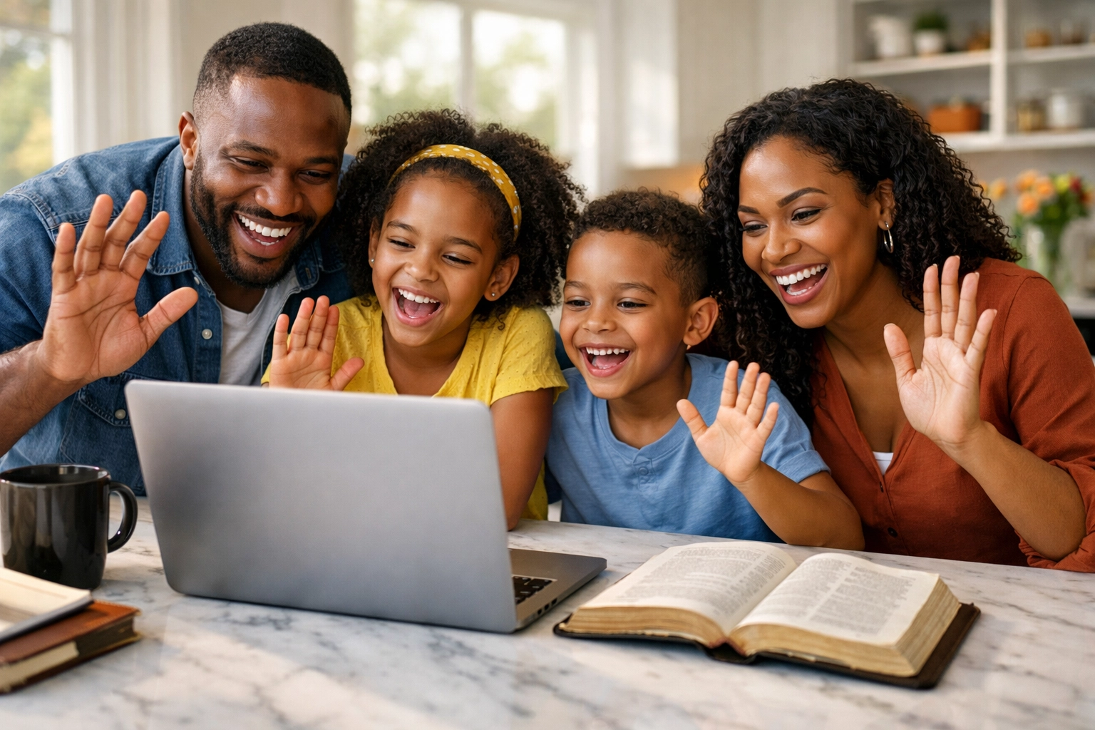 Family participating in an online Bible study with the Boundless Online Church faith community.