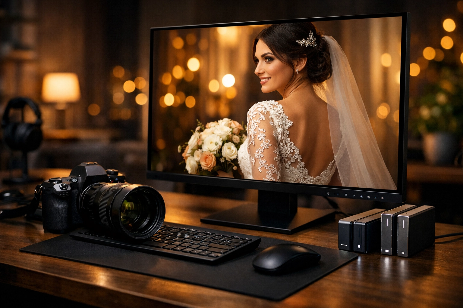 High-res photography workflow at a workstation featuring wedding portraits and editing gear.