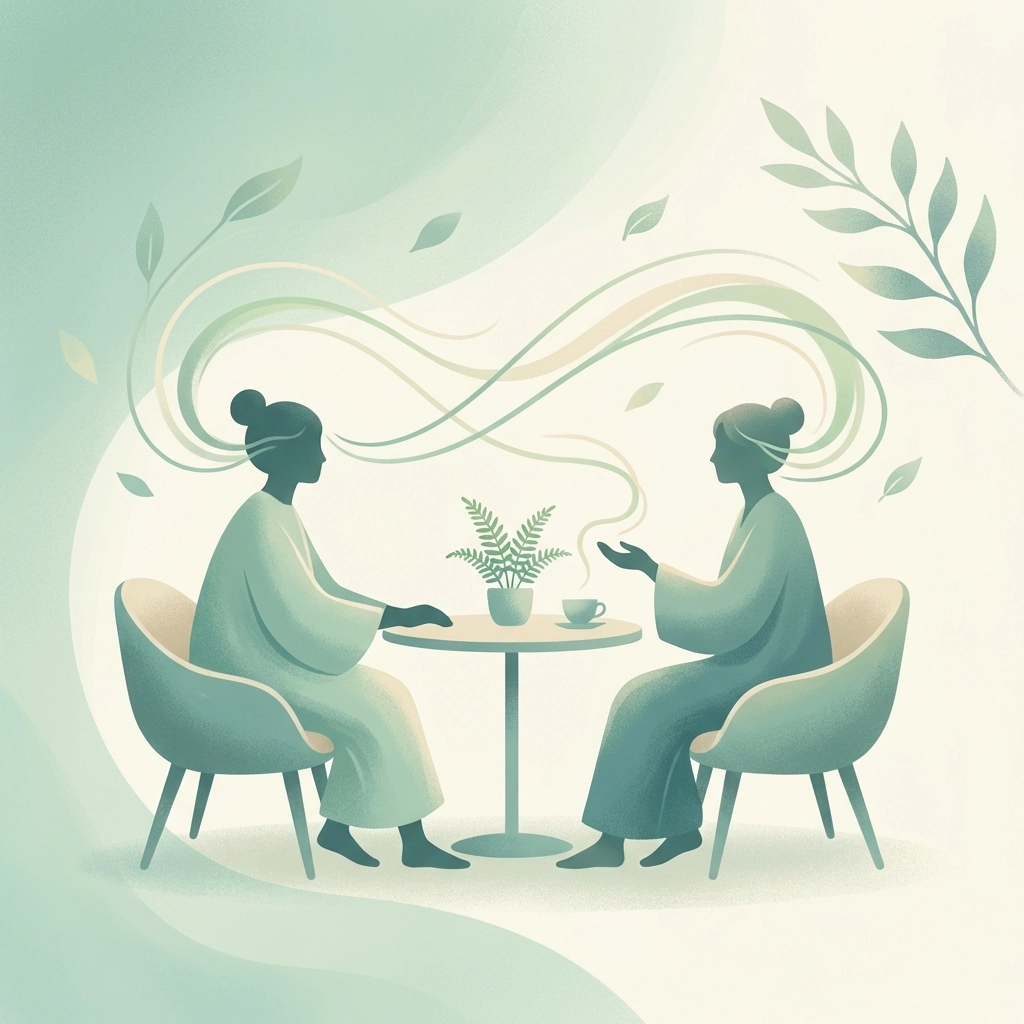 Two figures sitting in consultation, depicting partnership and support between holistic practitioner and client in a wellness journey.