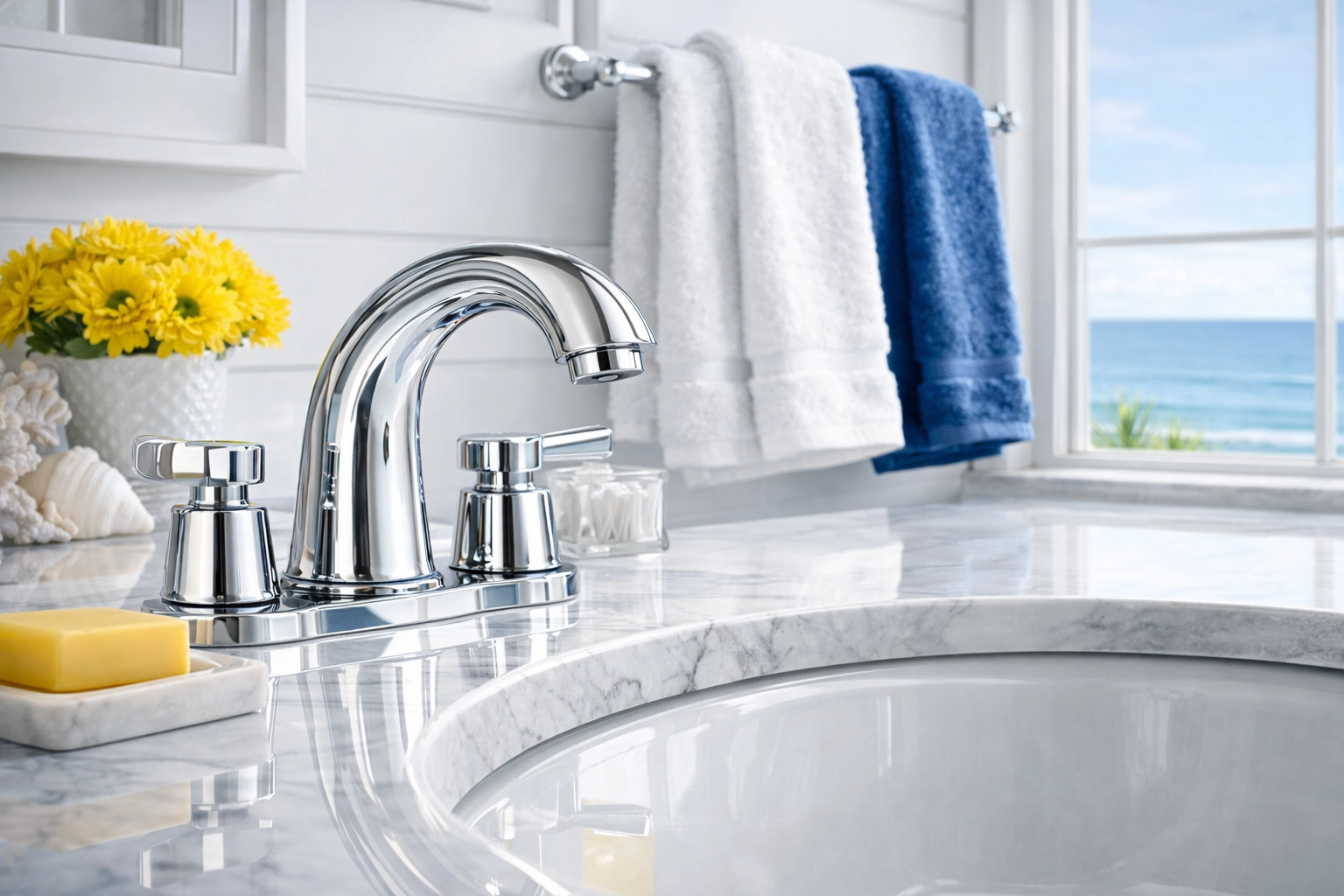 Sparkling bathroom vanity with a chrome faucet detailed by The Cleaning Ninjas bi weekly house cleaning.