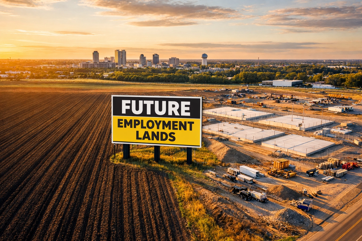 Aerial view of fertile Wilmot farmland adjacent to industrial development site in Waterloo Region