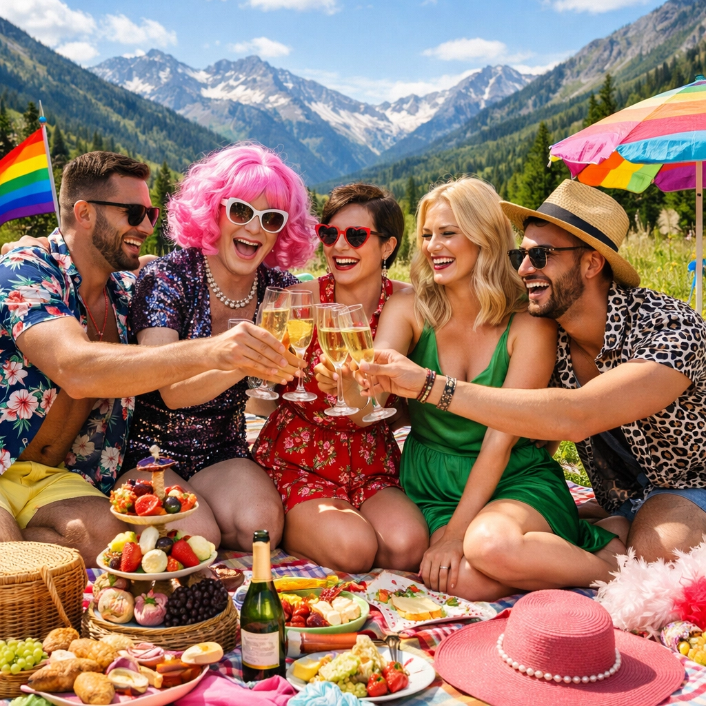 Gay and lesbian friends enjoying a sunny outdoor celebration, embodying the community spirit found in gay novels.