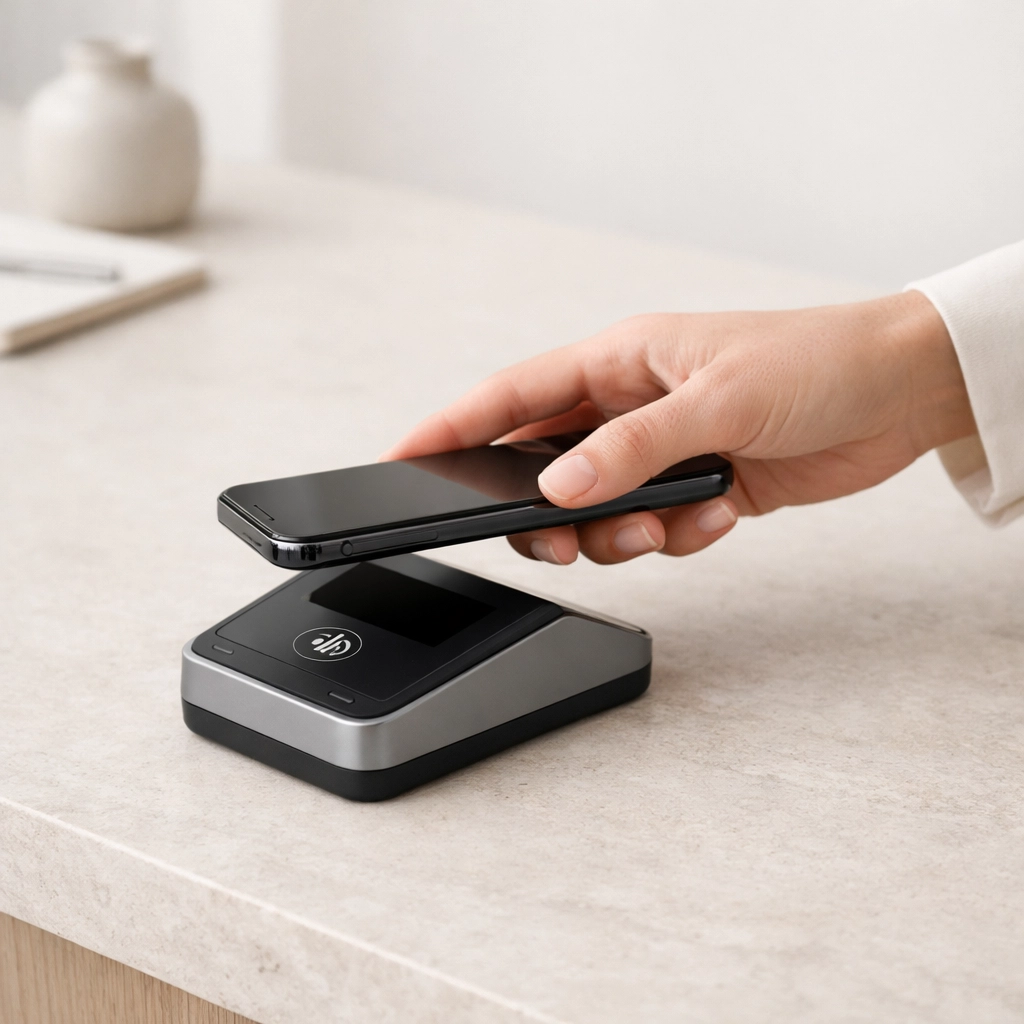 Contactless payment at a hotel front desk integrated with an automated booking engine.