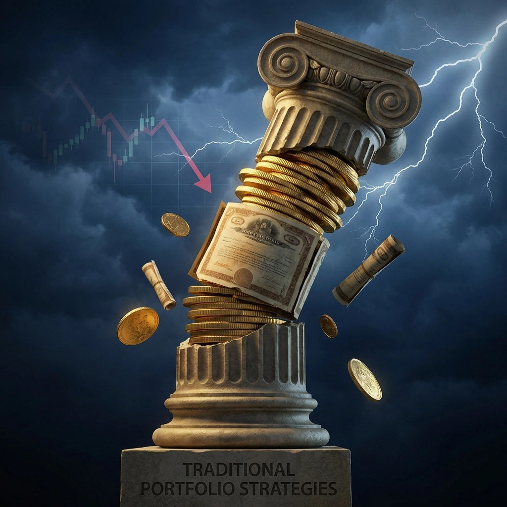 A crumbling golden column under a stormy sky symbolizes the collapse of traditional 60/40 portfolio strategies.