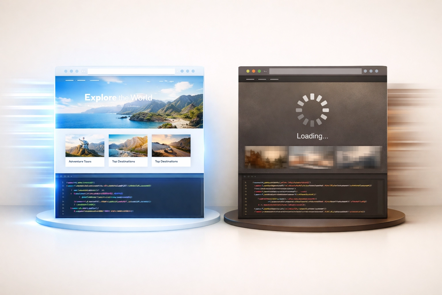Comparison of fast-loading website versus slow website performance and optimization