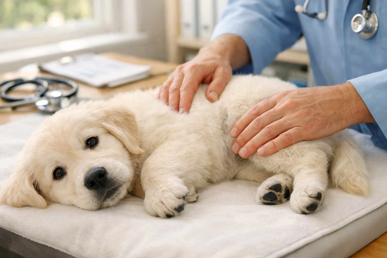 Veterinarian examining English Cream Golden Retriever puppy for hip dysplasia testing