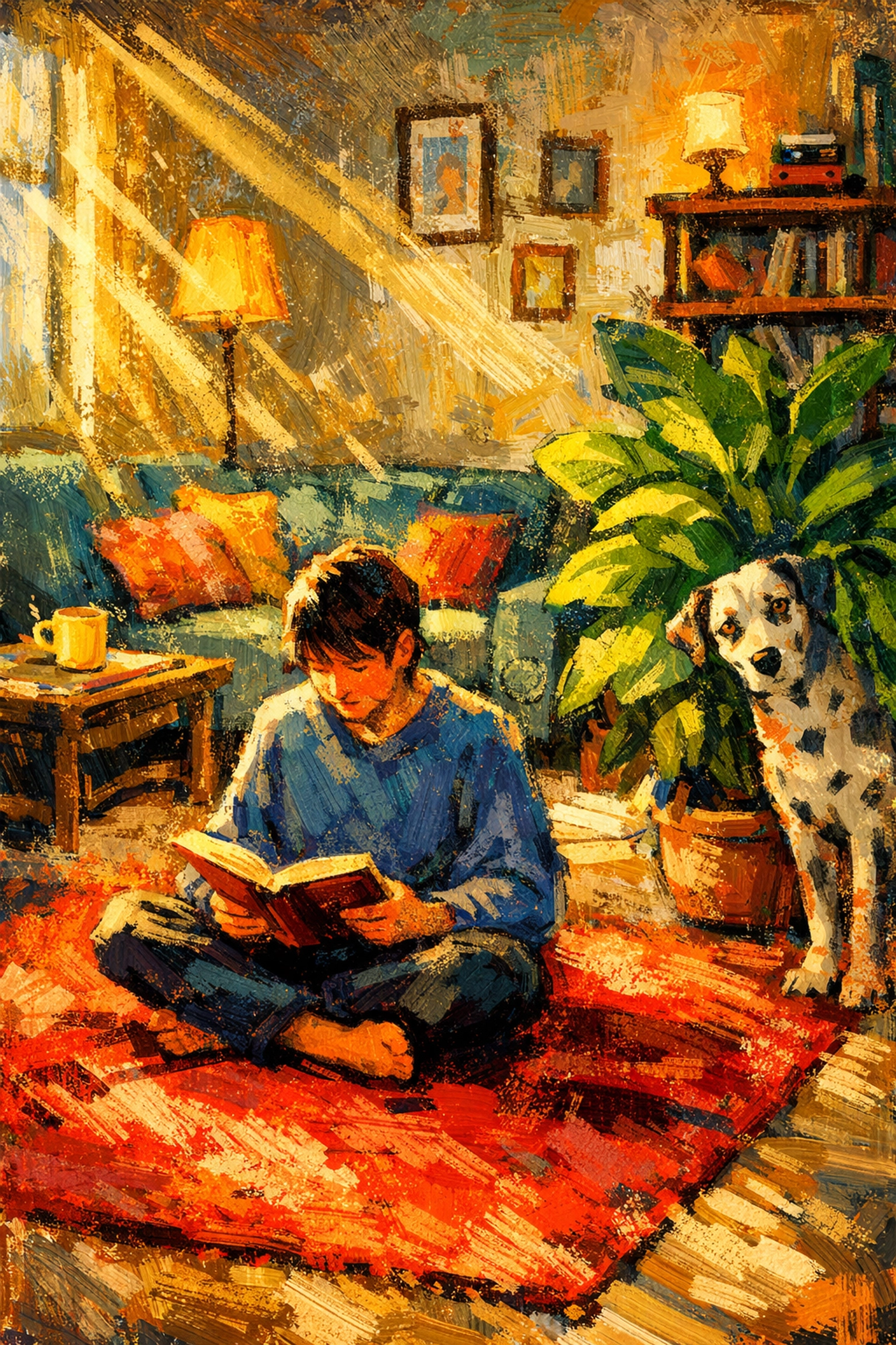 A shy rescue dog peeking from behind a plant as a patient owner waits to build trust.