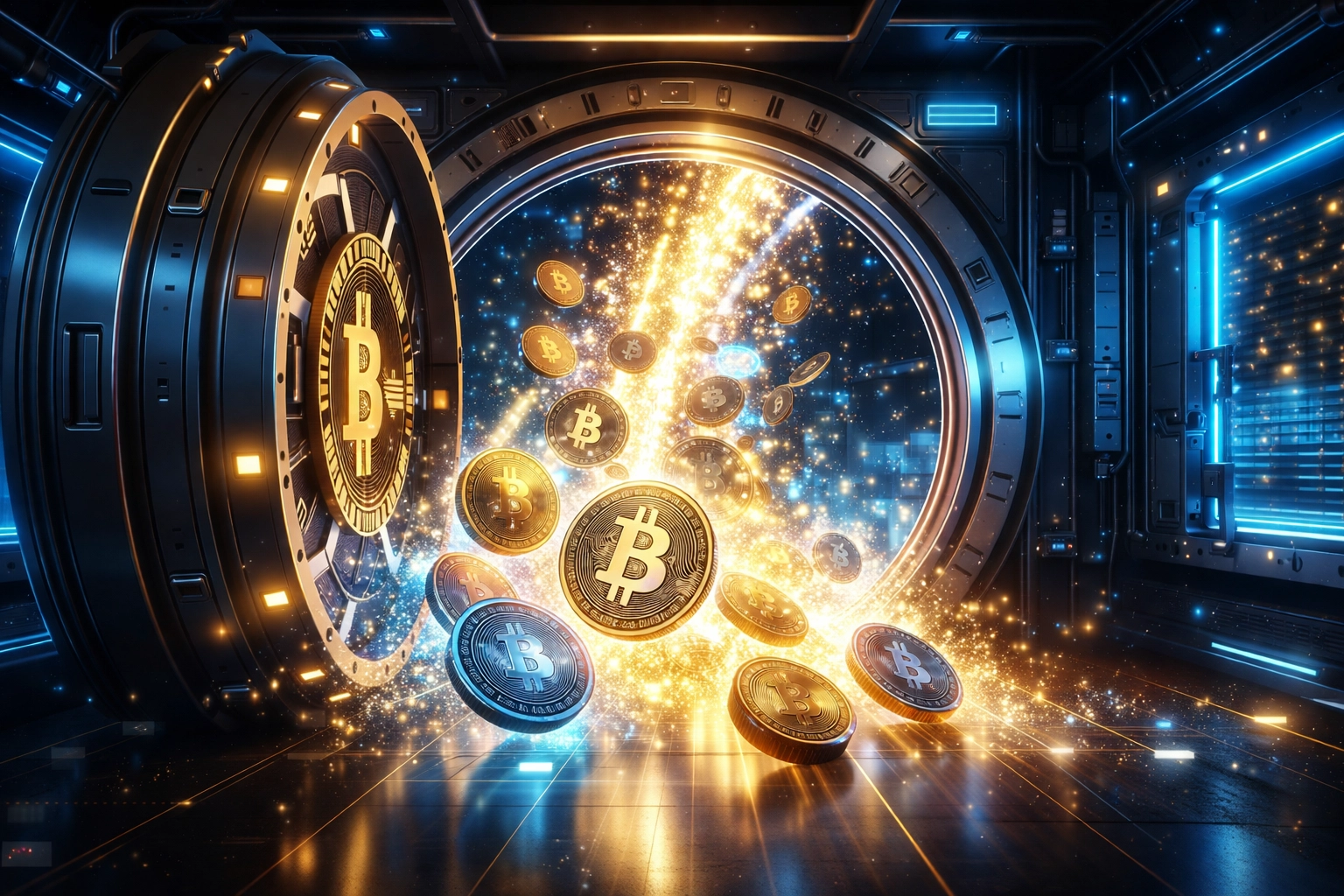 An open digital vault releases cryptocurrency streams, symbolizing merchant financial freedom with self-custody accounts.