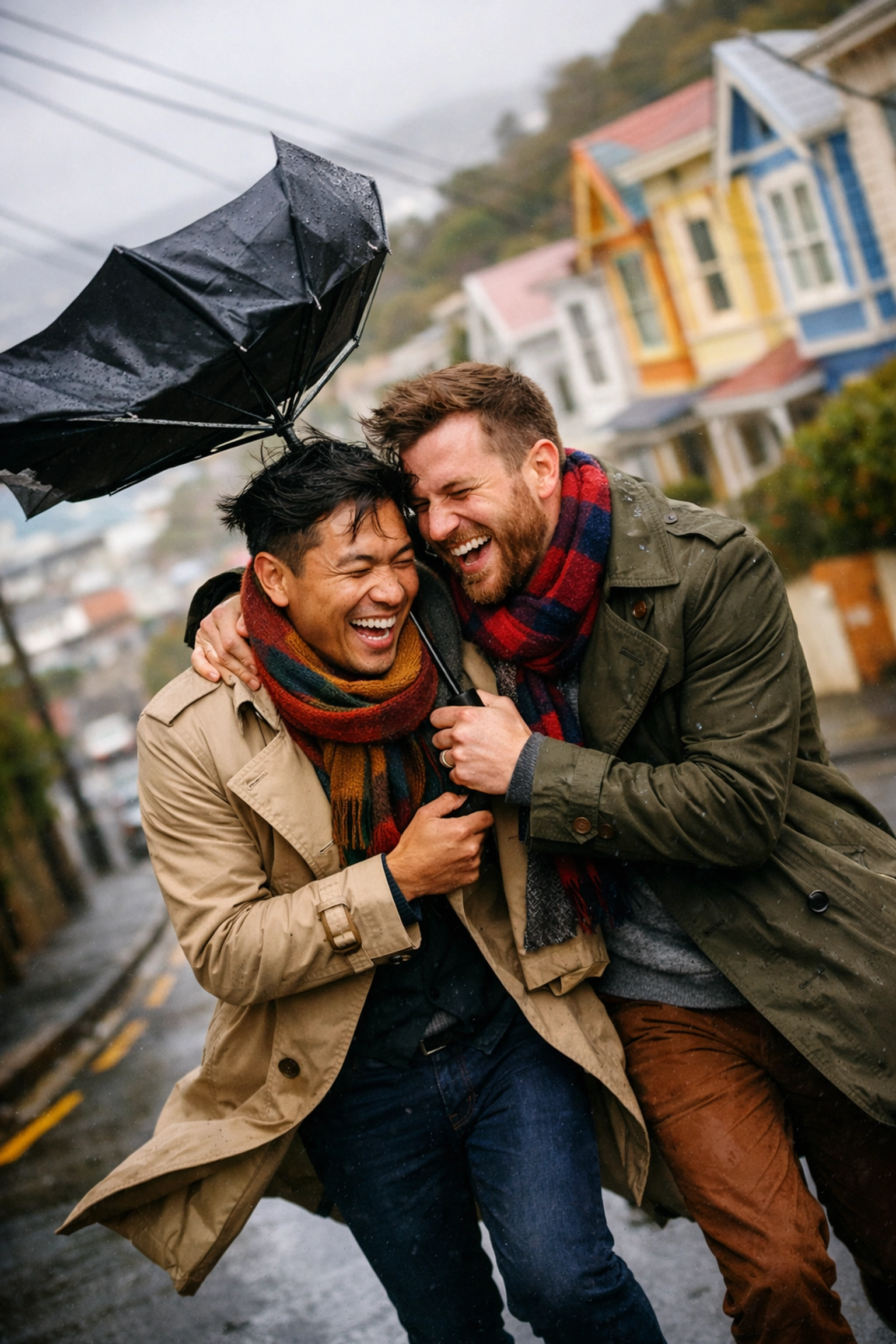 A gay couple laughing in the Wellington wind, showcasing the forced proximity trope common in MM romance novels.