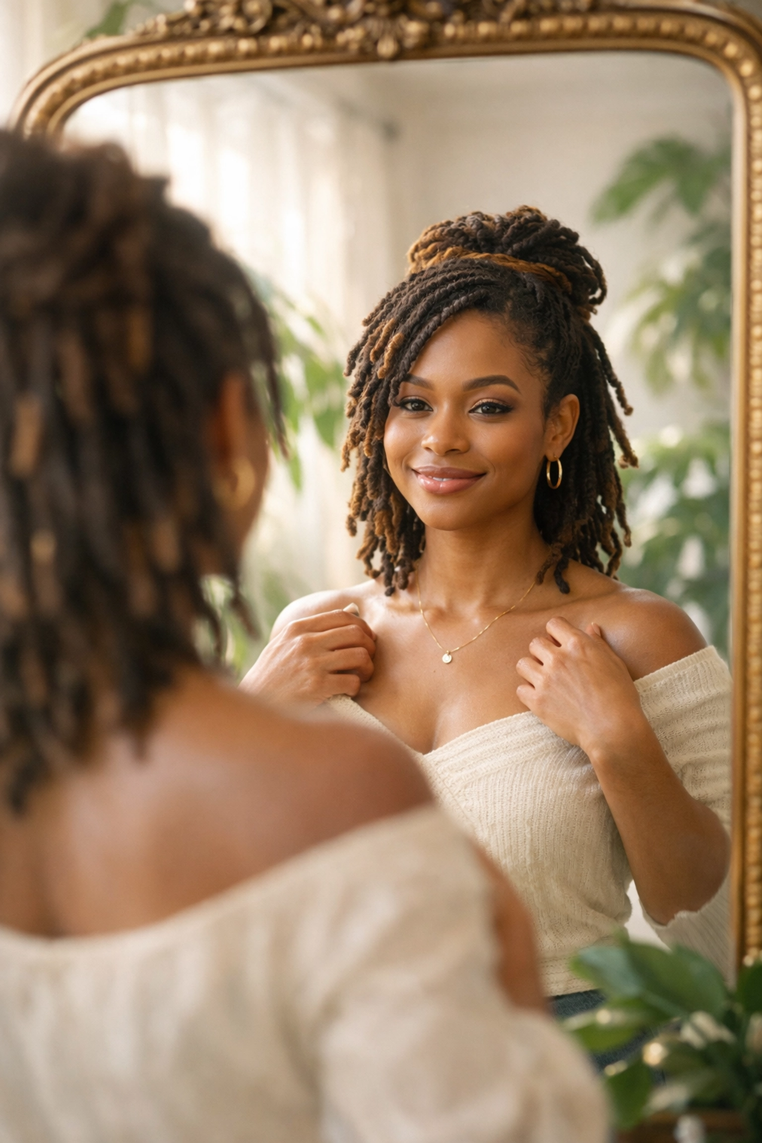 African American woman smiling at her reflection, symbolizing identity restoration and self-worth.