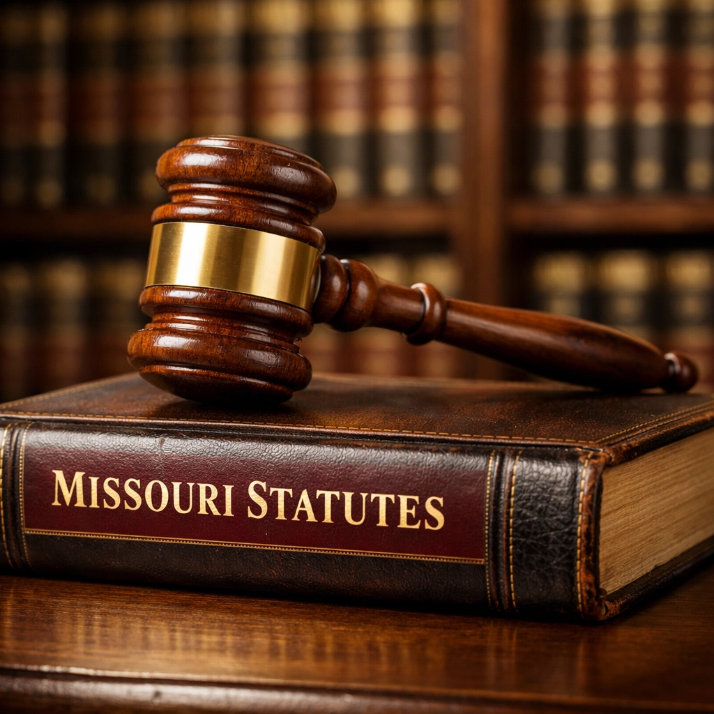 Wooden gavel on Missouri statute books representing legal qualifications for a St. Louis Guardian Ad Litem.