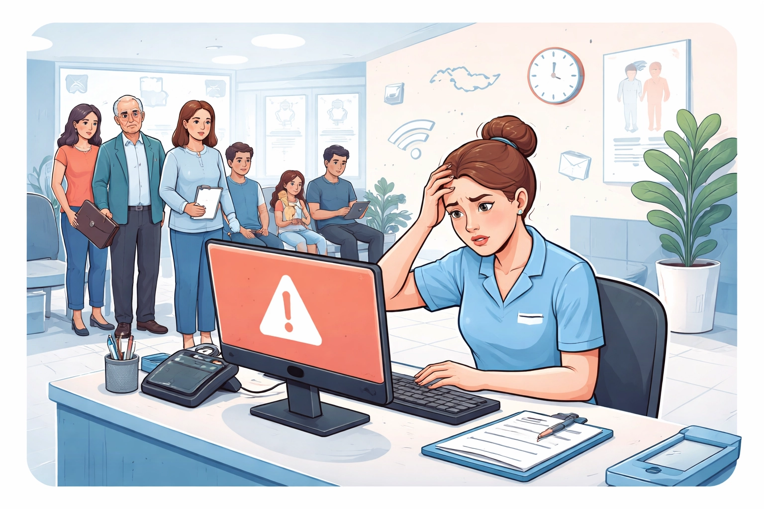 Dental office receptionist faces IT downtime as patients wait, highlighting need for proactive dental IT support