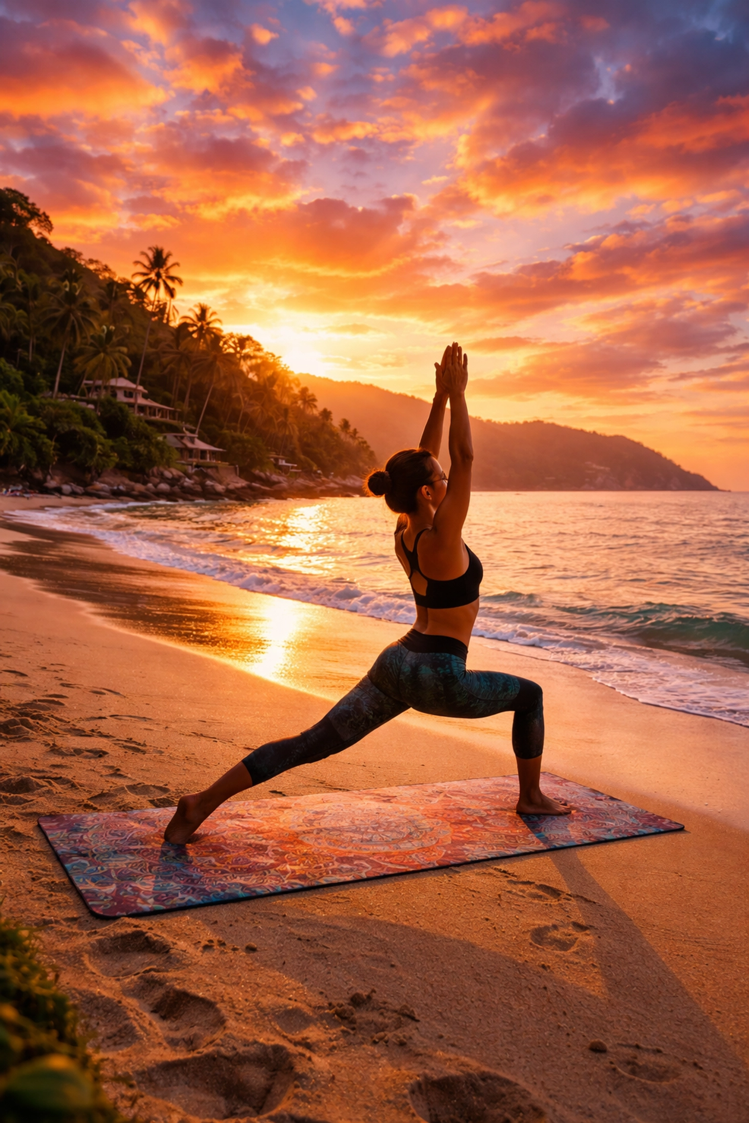 Solo traveler practicing yoga at sunrise on the beach in Puerto Vallarta, embracing wellness and tranquility