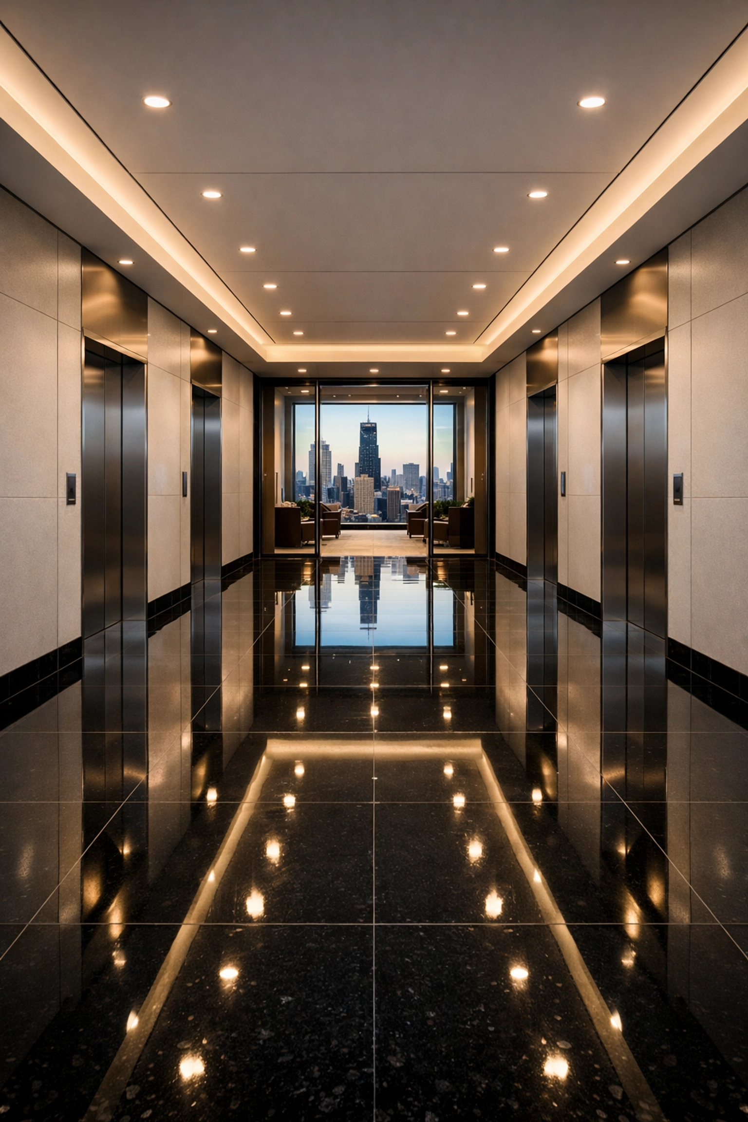 Polished corporate hallway floor in a downtown Chicago office showing high standards of quality control.