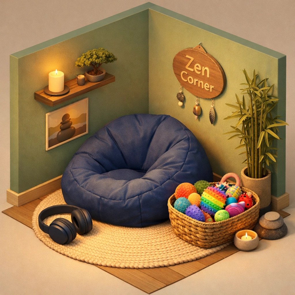 A calm sensory classroom corner with a beanbag and fidget toys, part of effective inclusive classroom strategies.