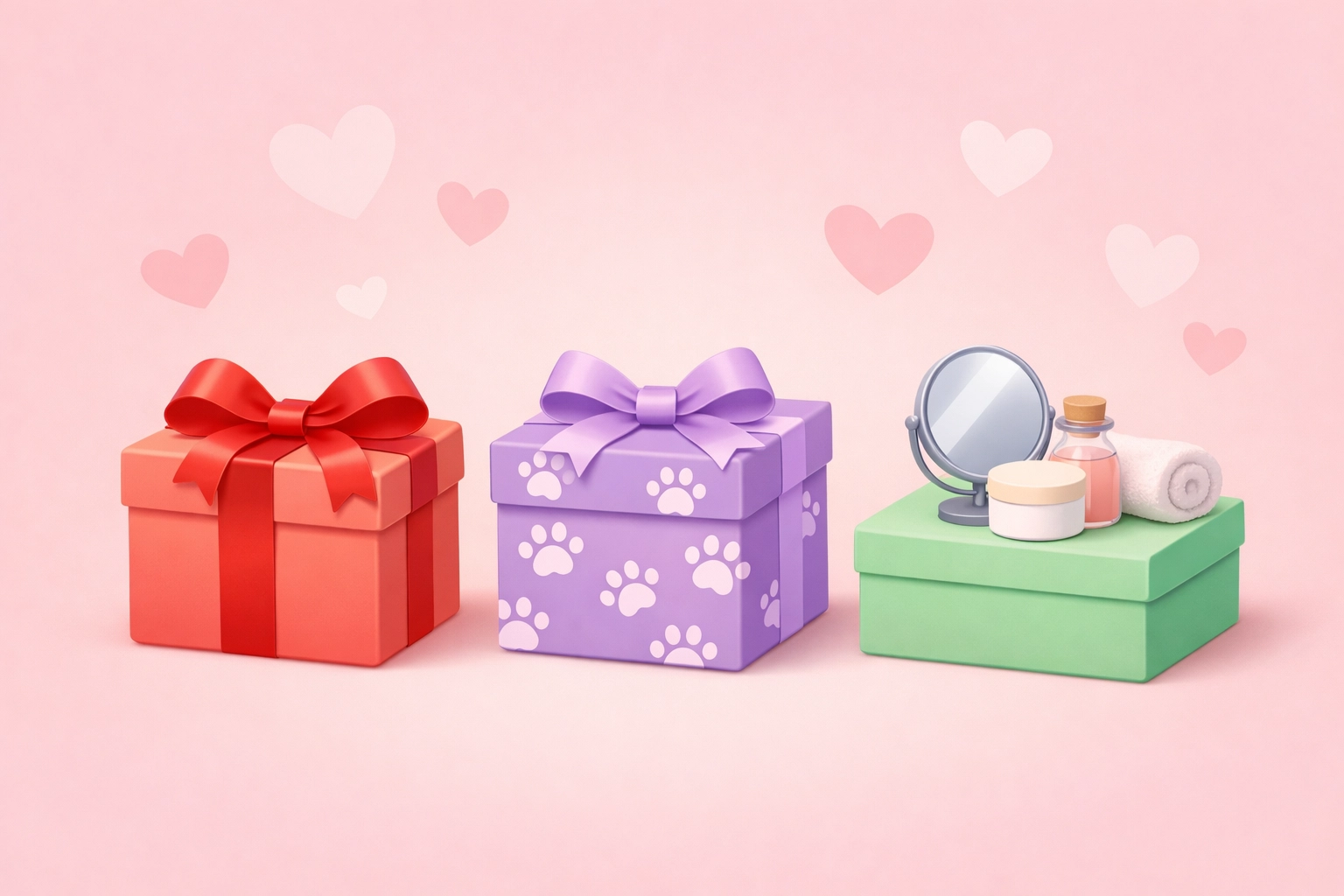 Three Valentine's Day gift boxes representing gifts for partners, pets, and self-care