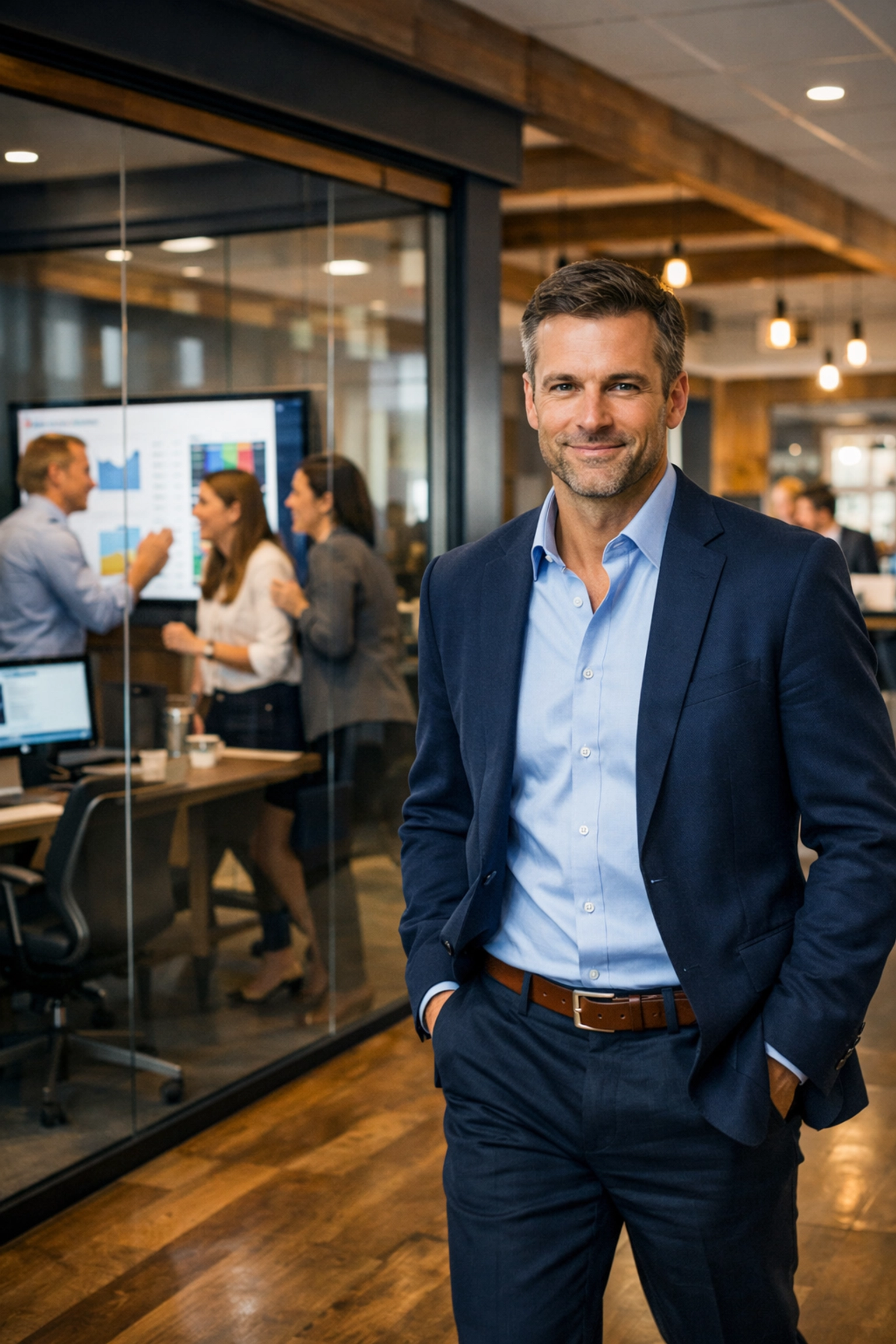 B2B executive walking through a busy office representing successful business growth and scaling.