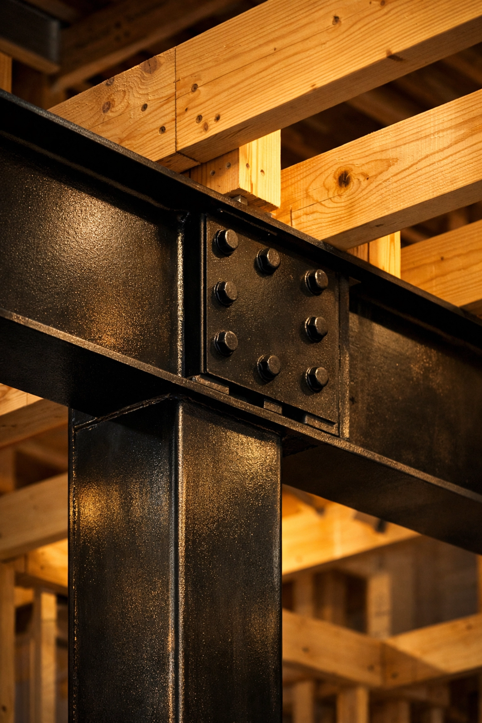 Interior construction showing structural steel beams and timber joists for a bungalow second floor extension.