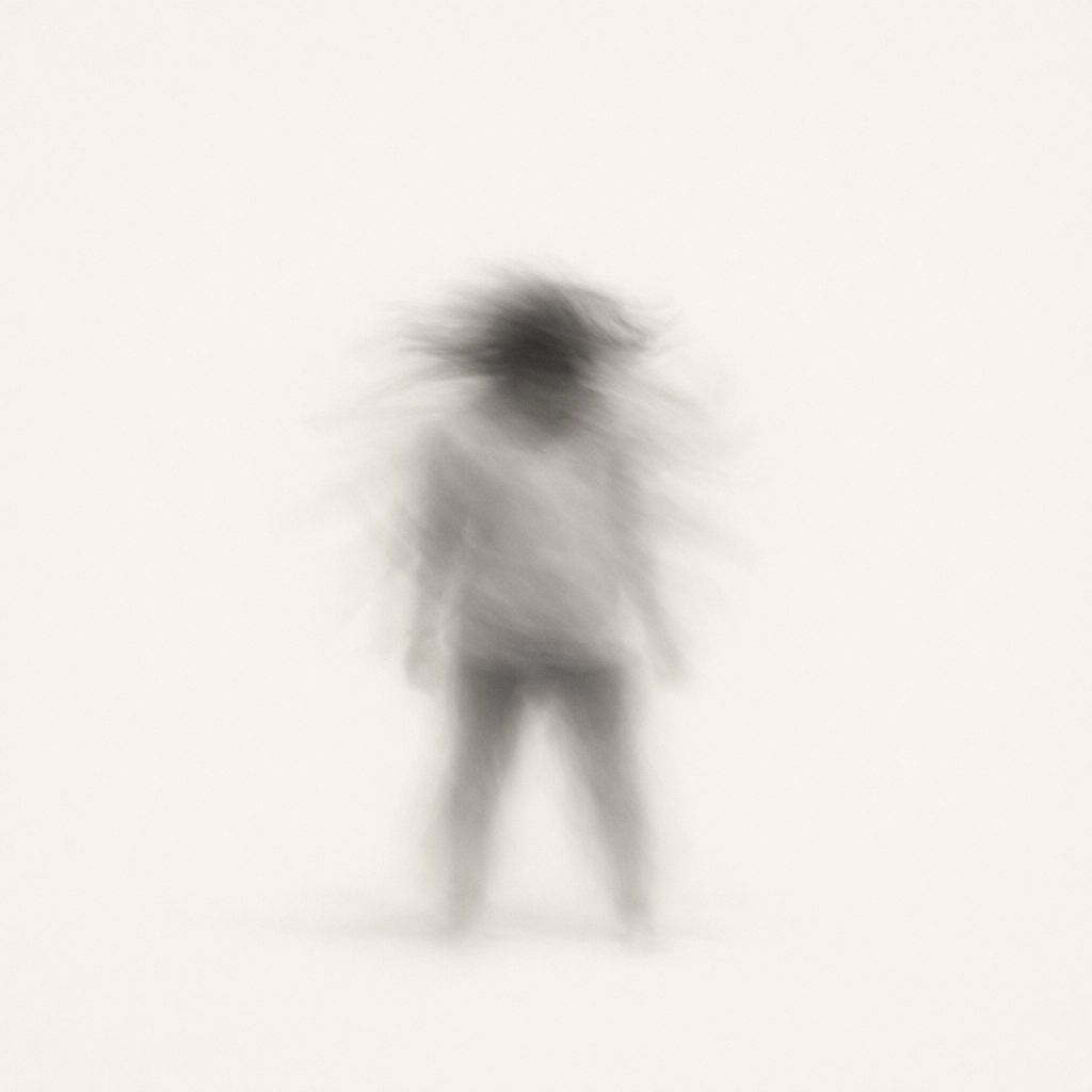 A blurred figure in motion practicing somatic shaking to release pent-up nervous system stress.