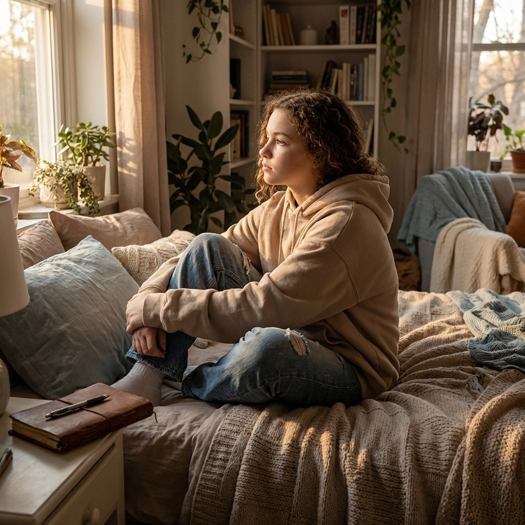 Contemplative teenage girl sitting alone in bedroom reflecting on mental health struggles