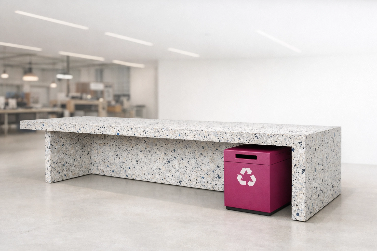 Modern commercial workbench made from recycled plastic, highlighting the circular economy take-back program.