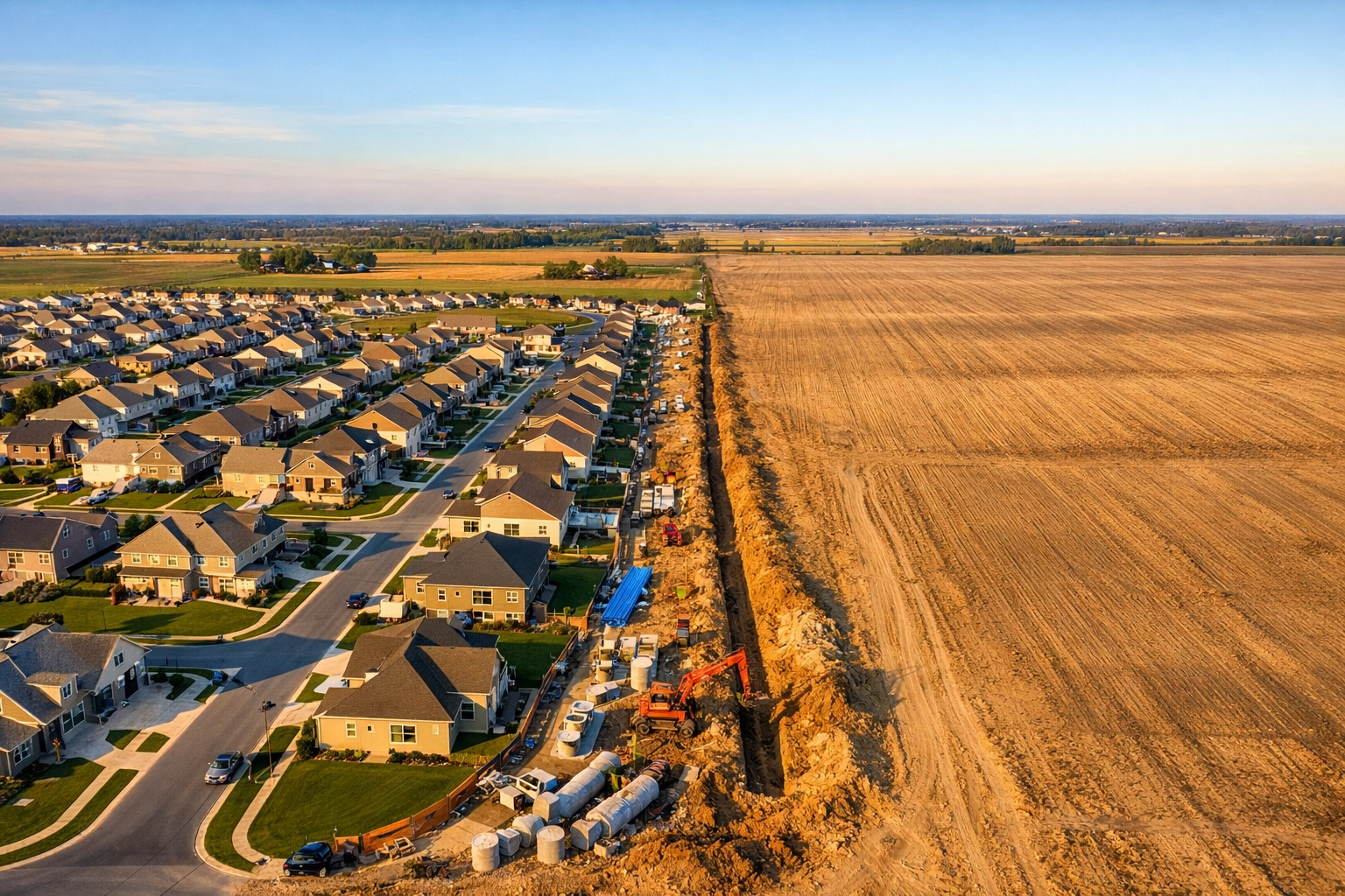 Aerial view of suburban development showing infrastructure boundary between developed and raw land