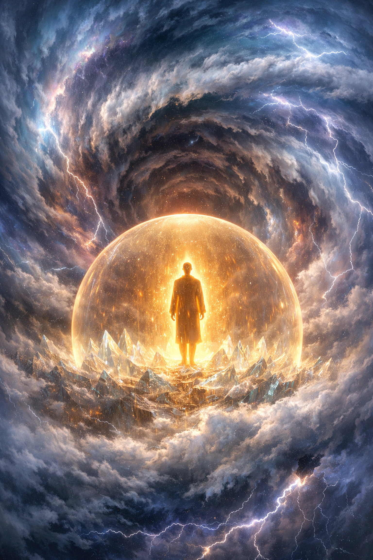 Calm figure centered in a storm, illustrating leadership through a regulated nervous system.