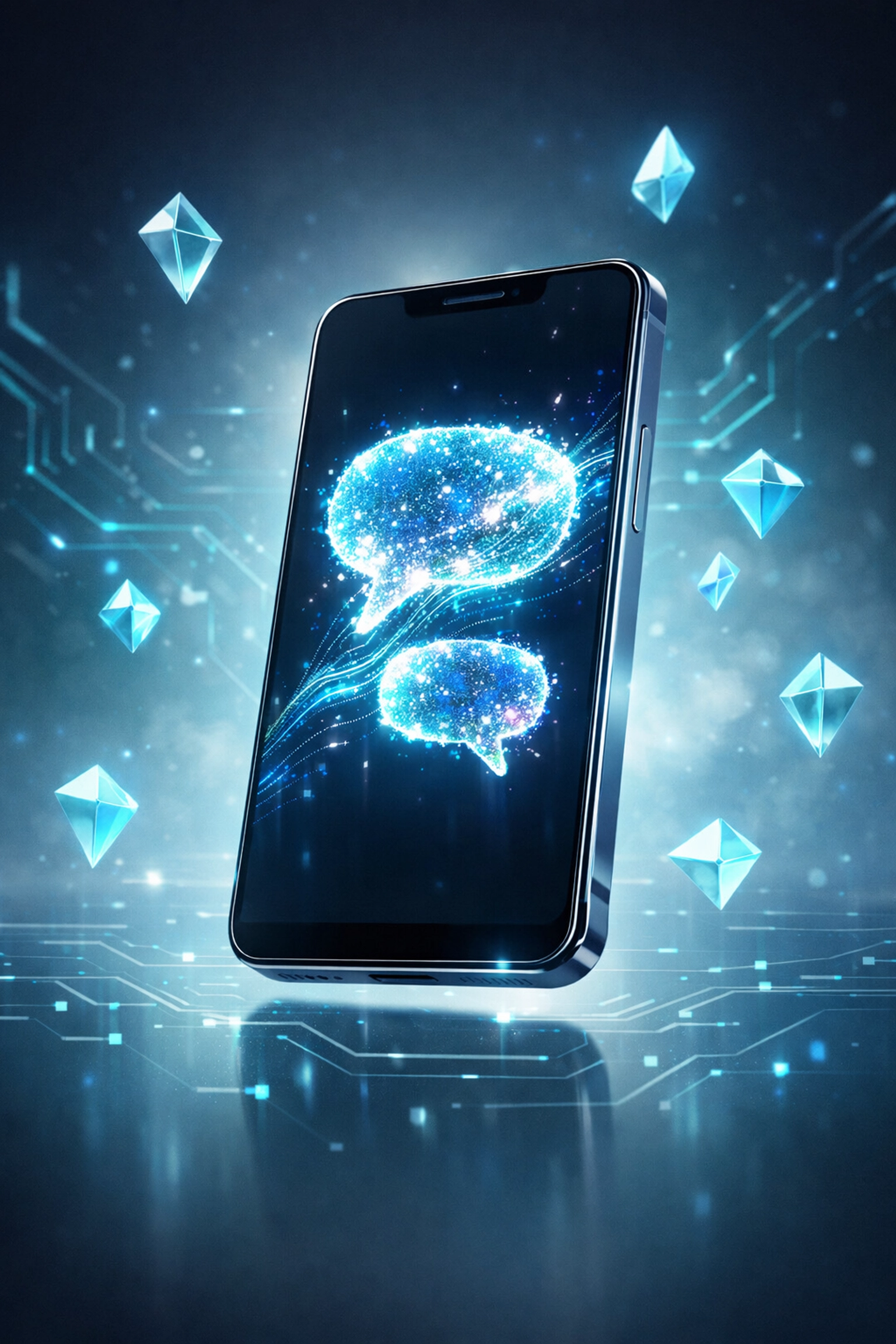 Smartphone interface visualizing AI conversational engagement and lead qualification through glowing data bubbles.