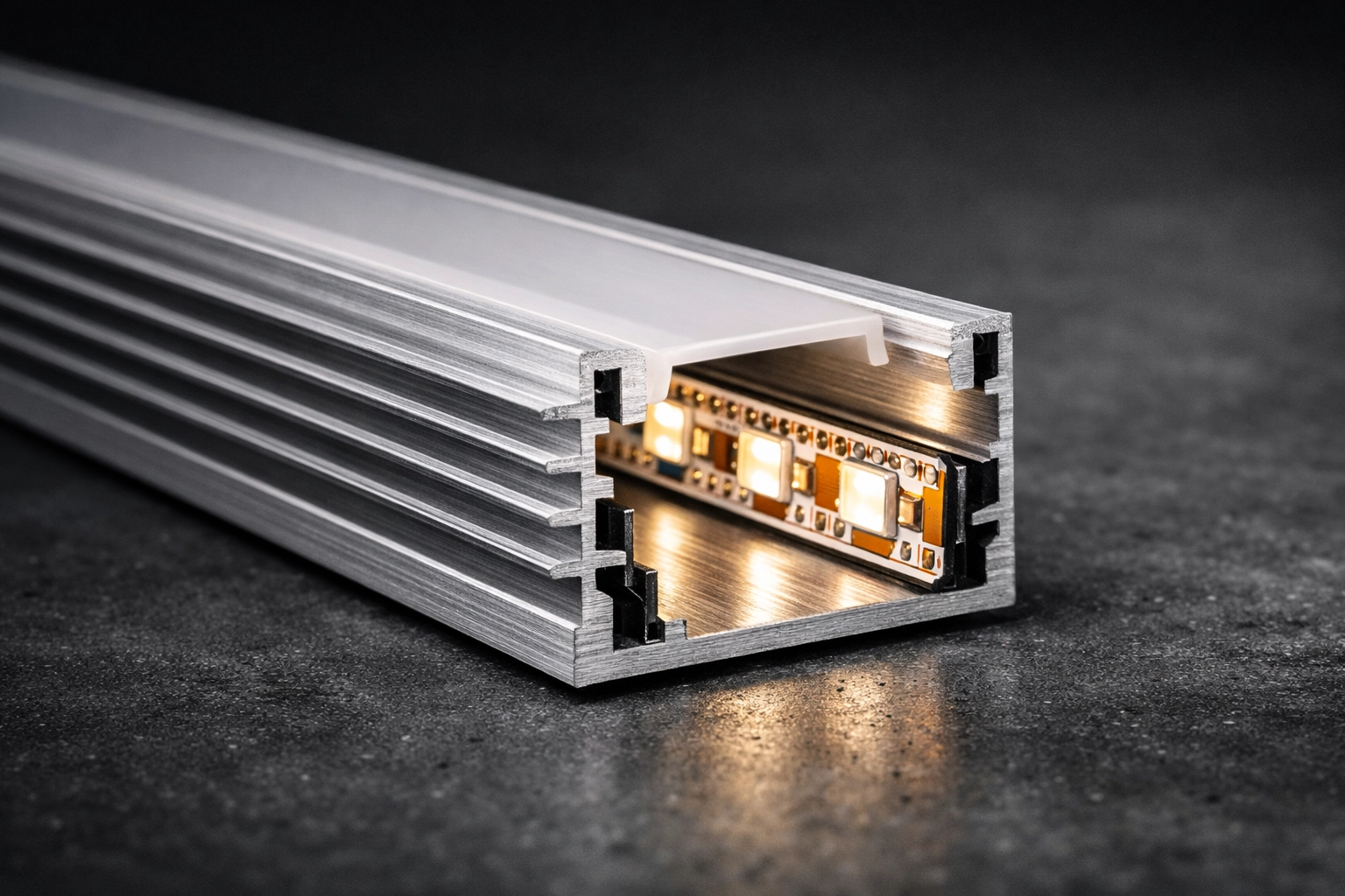 Architectural aluminum LED channel for heat management in professional linear LED lighting installations.