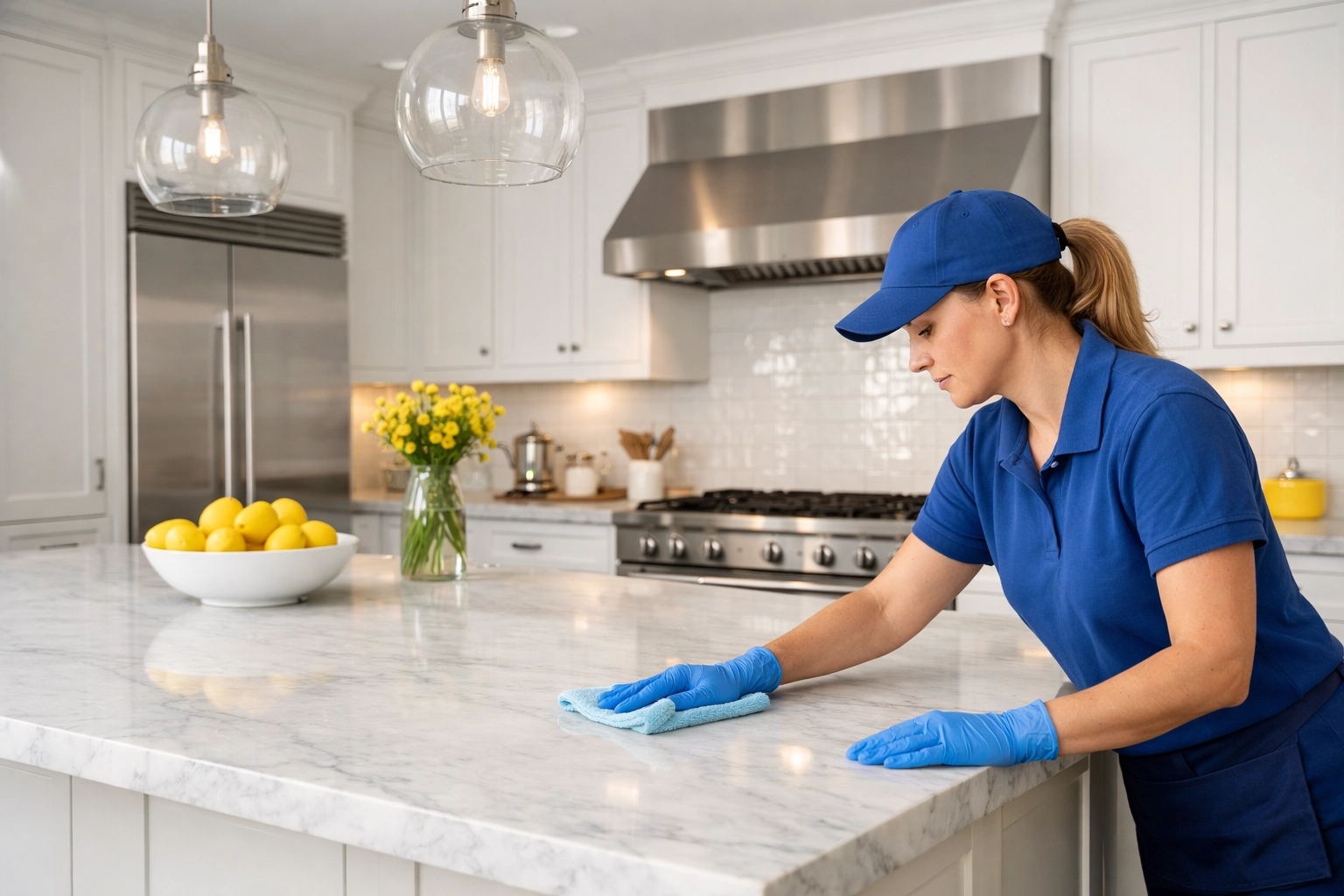 A professional cleaner performs weekly house cleaning Bedford in a modern, bright kitchen with marble counters.