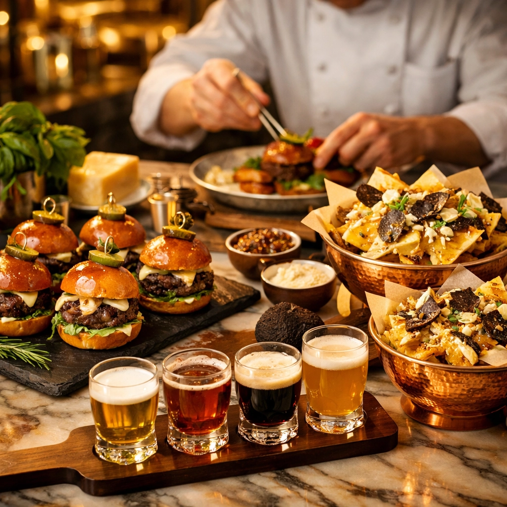 Gourmet stadium-inspired cuisine at luxury Super Bowl corporate hospitality event