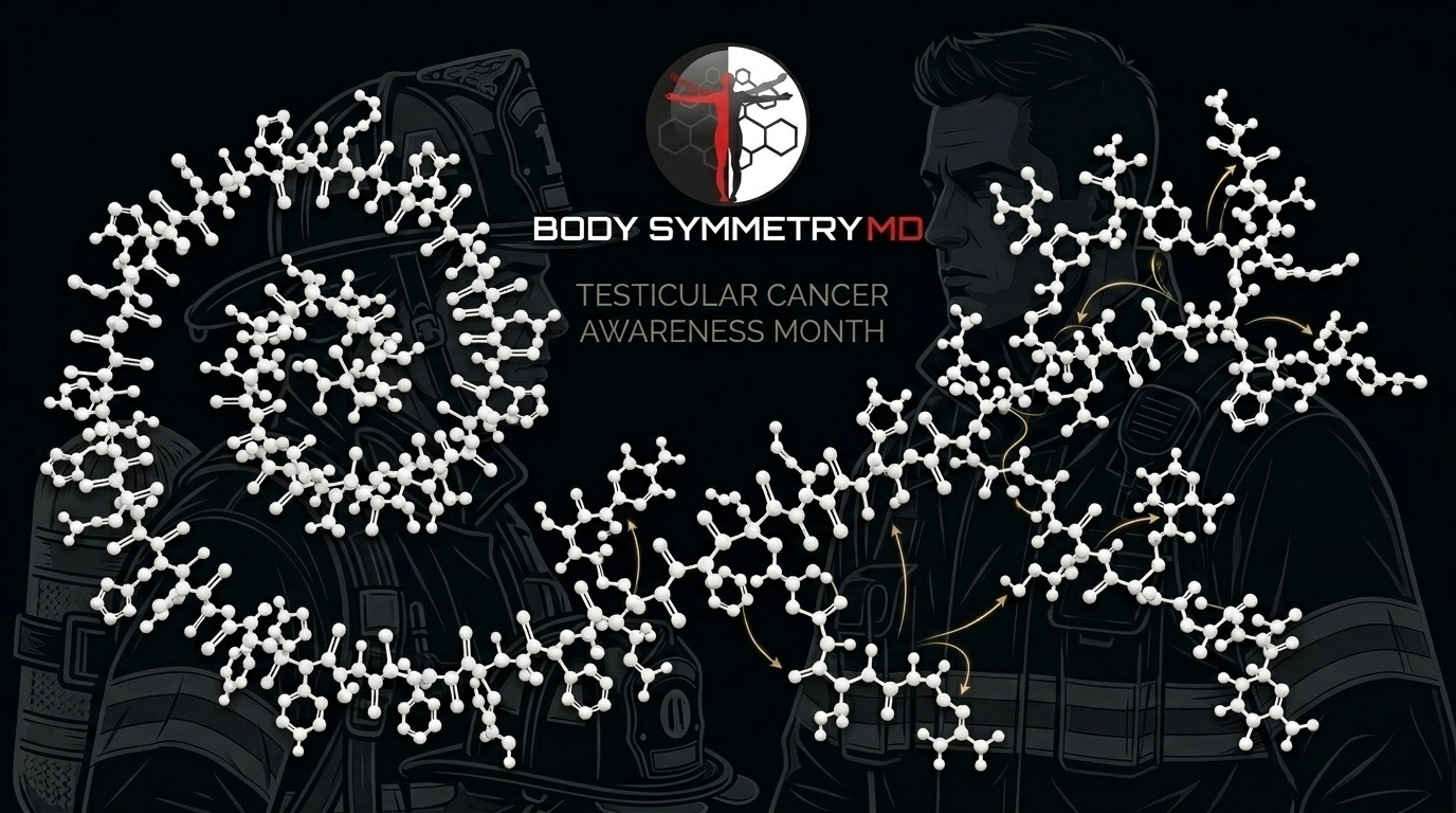 A forensic-style molecular render of an FDA-approved peptide chain with subtle visual references to male firefighters, illustrating architectural signaling for tissue repair and hormonal balance.