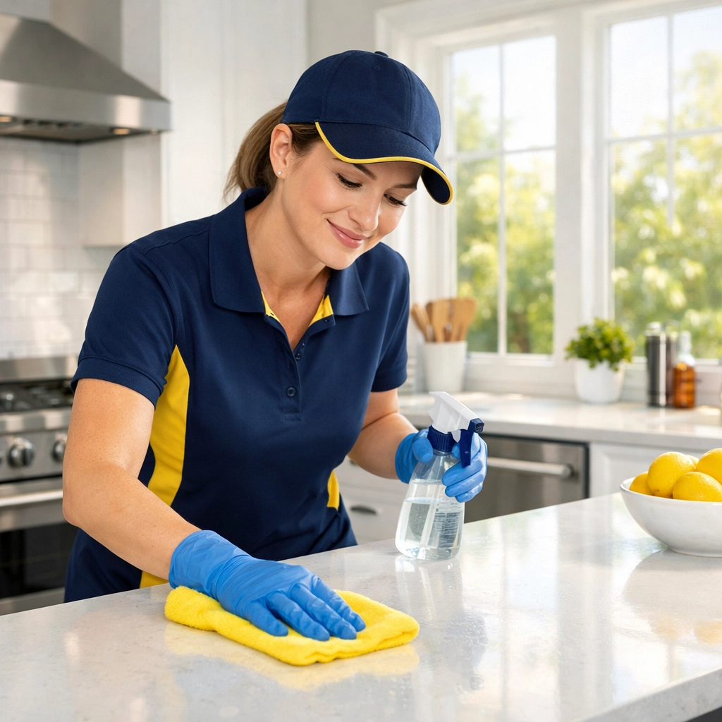 Professional House Cleaning Shirley MA team member cleaning a bright modern kitchen with quartz countertops.