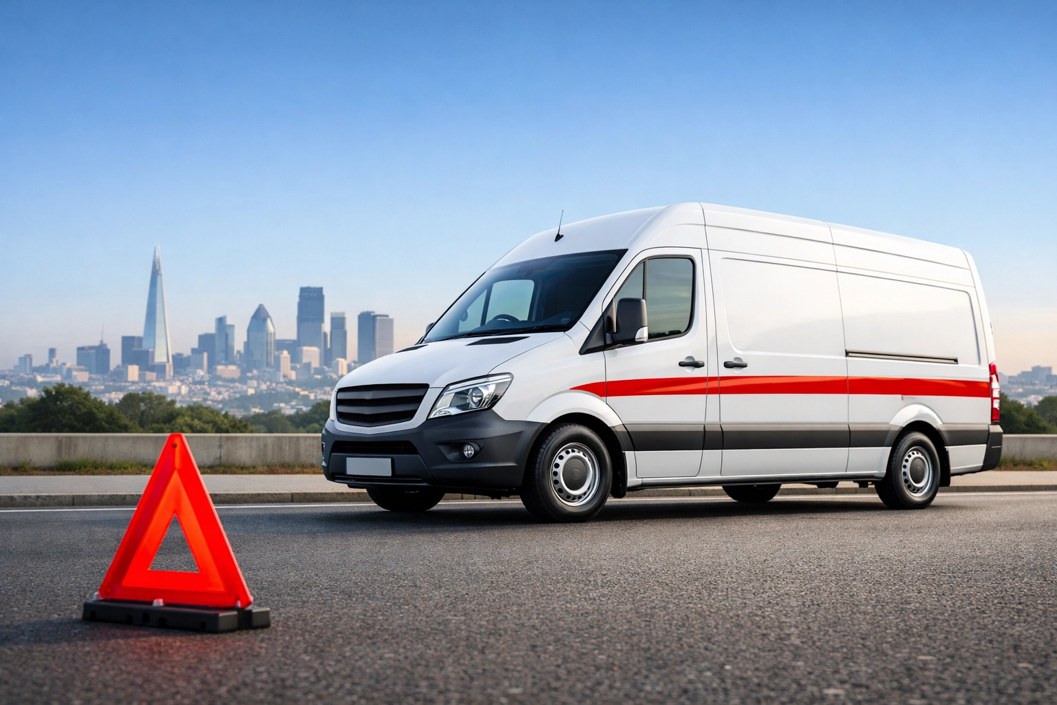 White logistics van with London skyline background highlighting Hertford storage strategic location.
