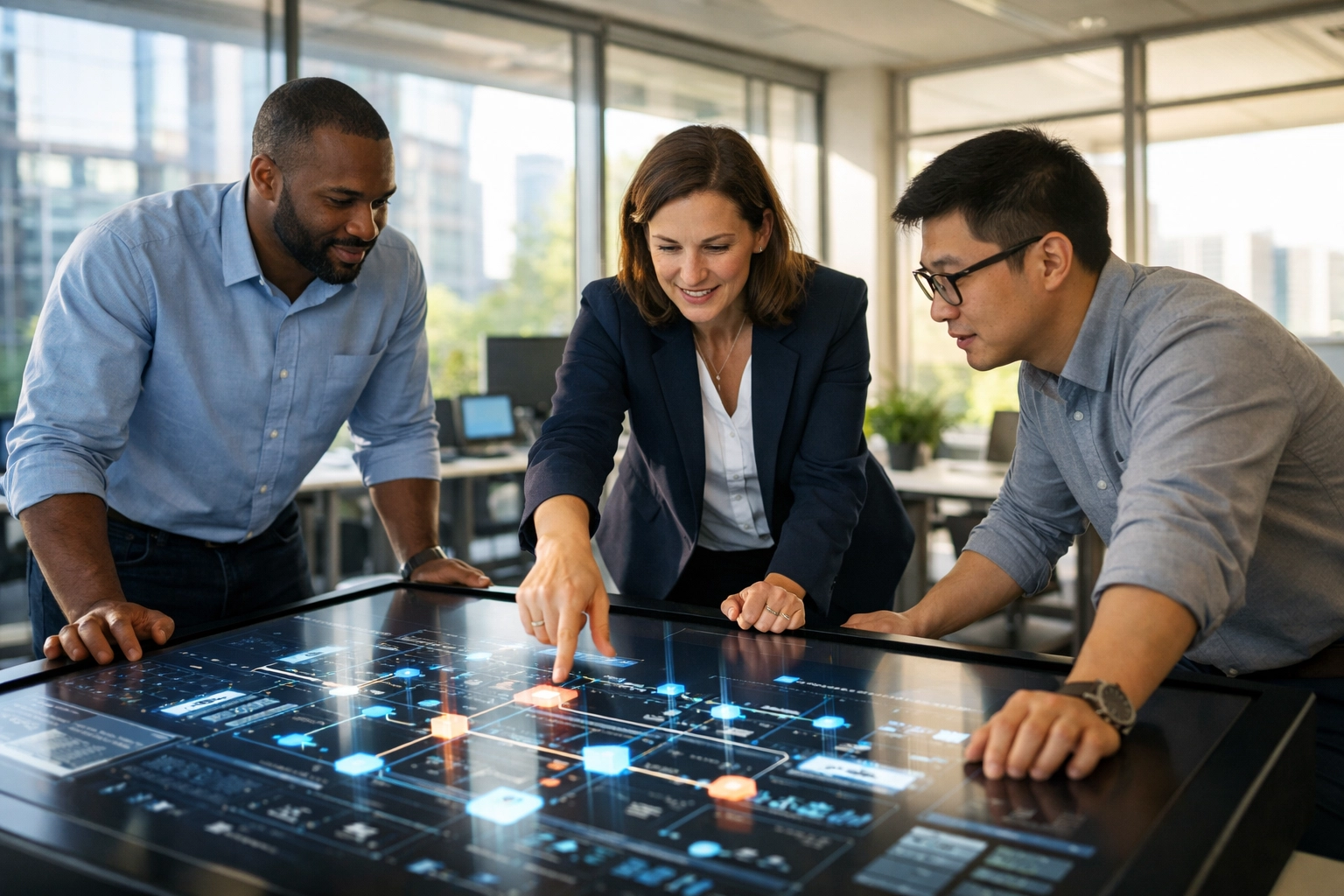 IT consultants analyzing ServiceNow CSDM 5.0 architecture on a digital touchscreen table in a modern office.